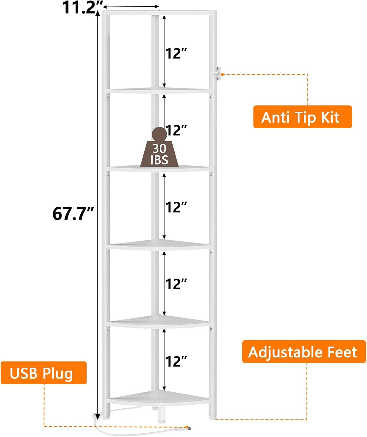 6 Tier Corner Shelf with LED Light, 67.5" White Narrow Bookshelf