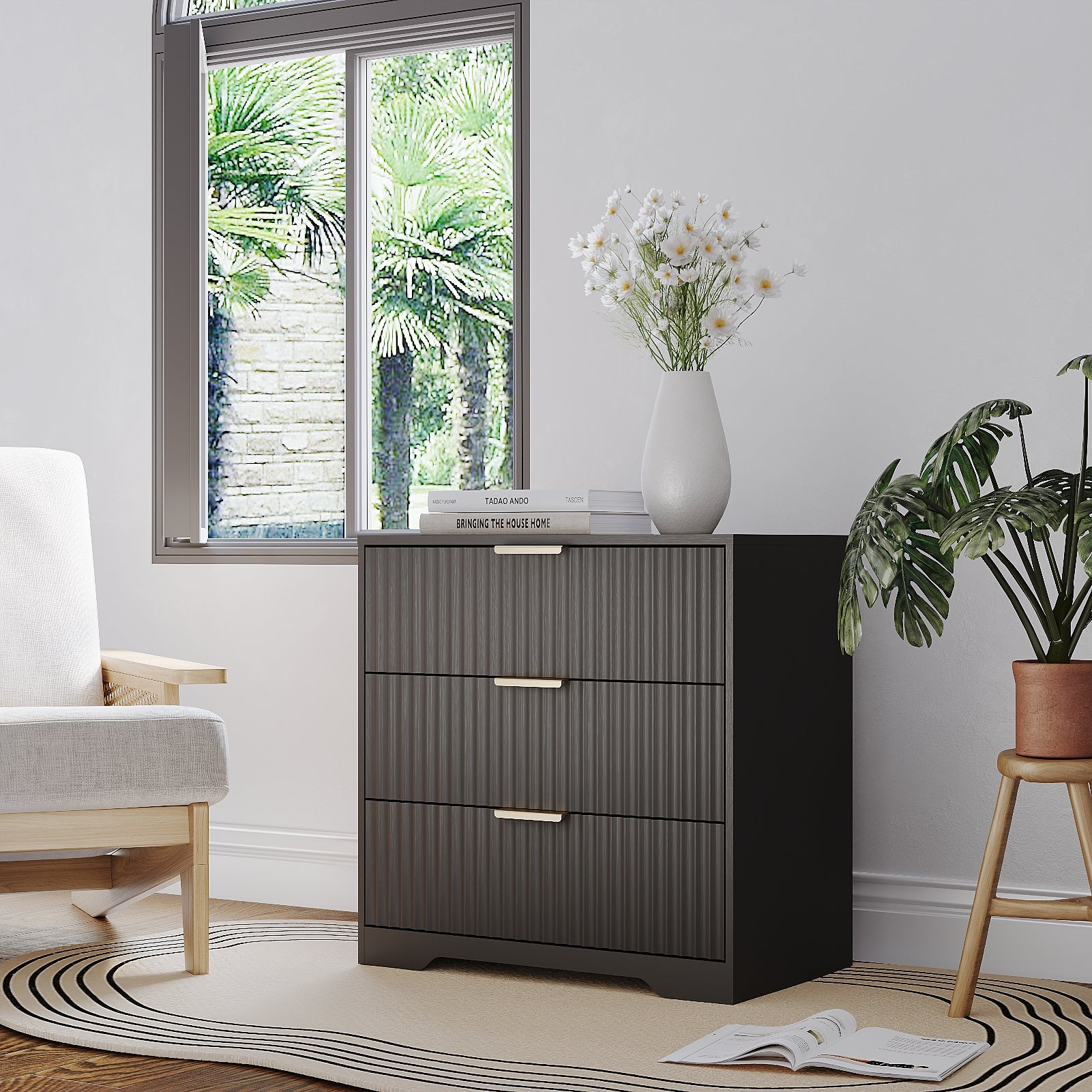 27-in Wide Fluted Night Stand 3 Drawers Large End Table with Storage Black Nightstand Wood Bedside Tables Farmhouse Cabinet Dresser for Bedroom Closet