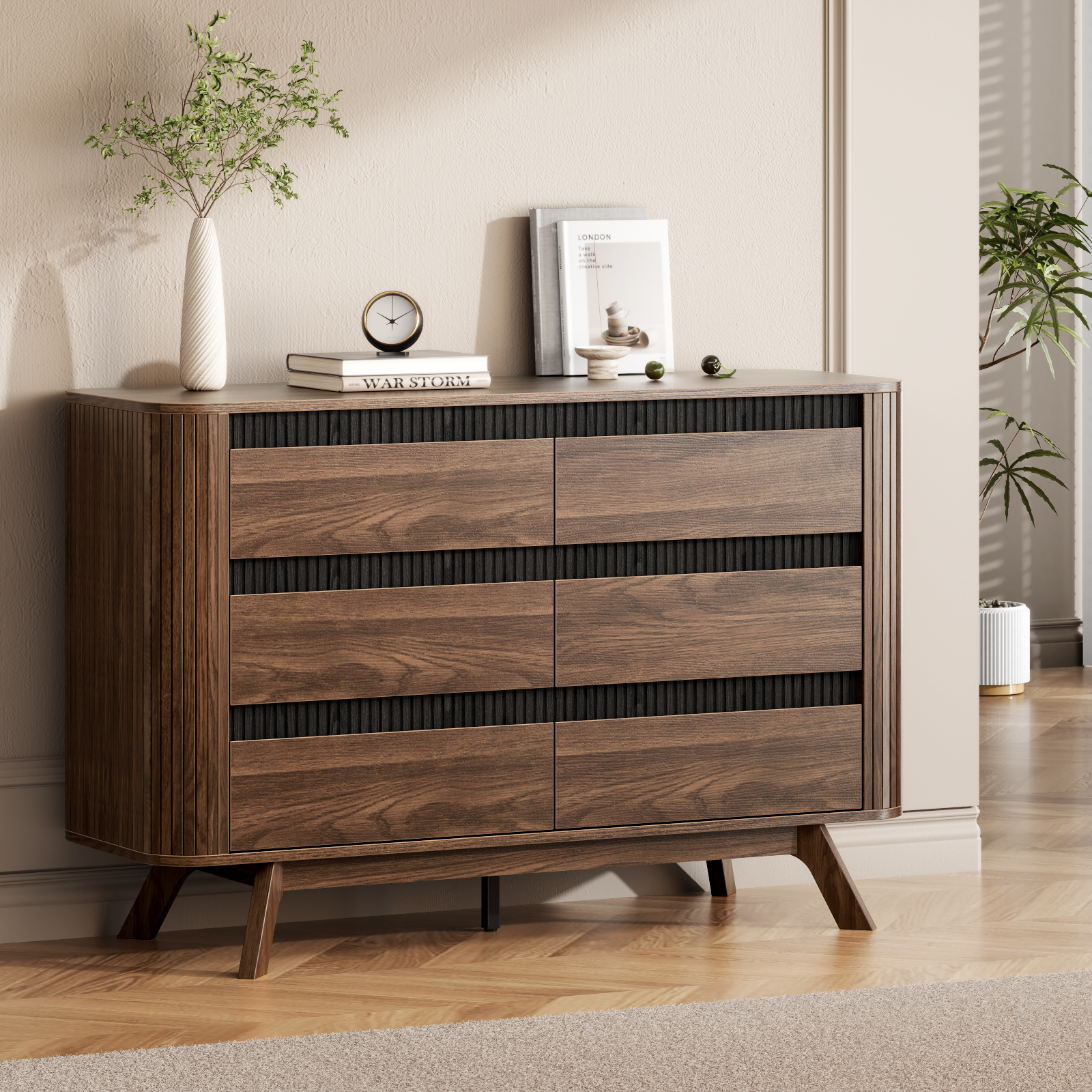 Wood 6 Drawer Double Dresser Wide Storage Chest Curved Roller Shutter Design Modern Bedroom Furniture Living Room Organizer Cabinet