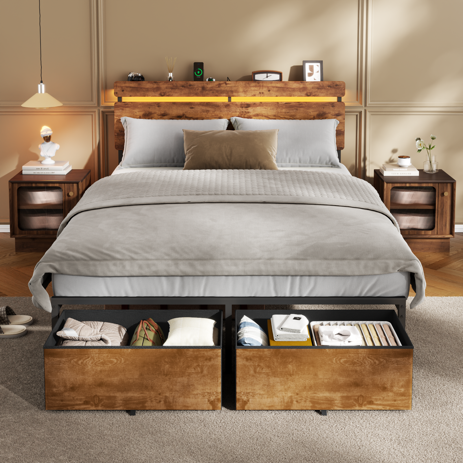 Vintage Brown Full Bed Frame with LED Lights Charging Station Storage Headboard 2 Drawers Metal Platform Industrial Rustic Wood Look No Box Spring