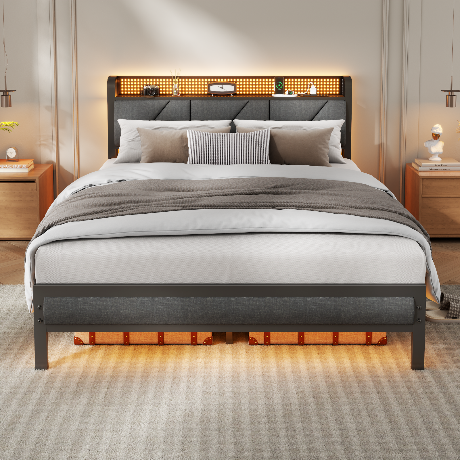 Queen Size Platform Bed Frame Upholstered Headboard LED Lights Charging Station Heavy Duty Metal Support No Box Spring Needed Modern Bedroom USB