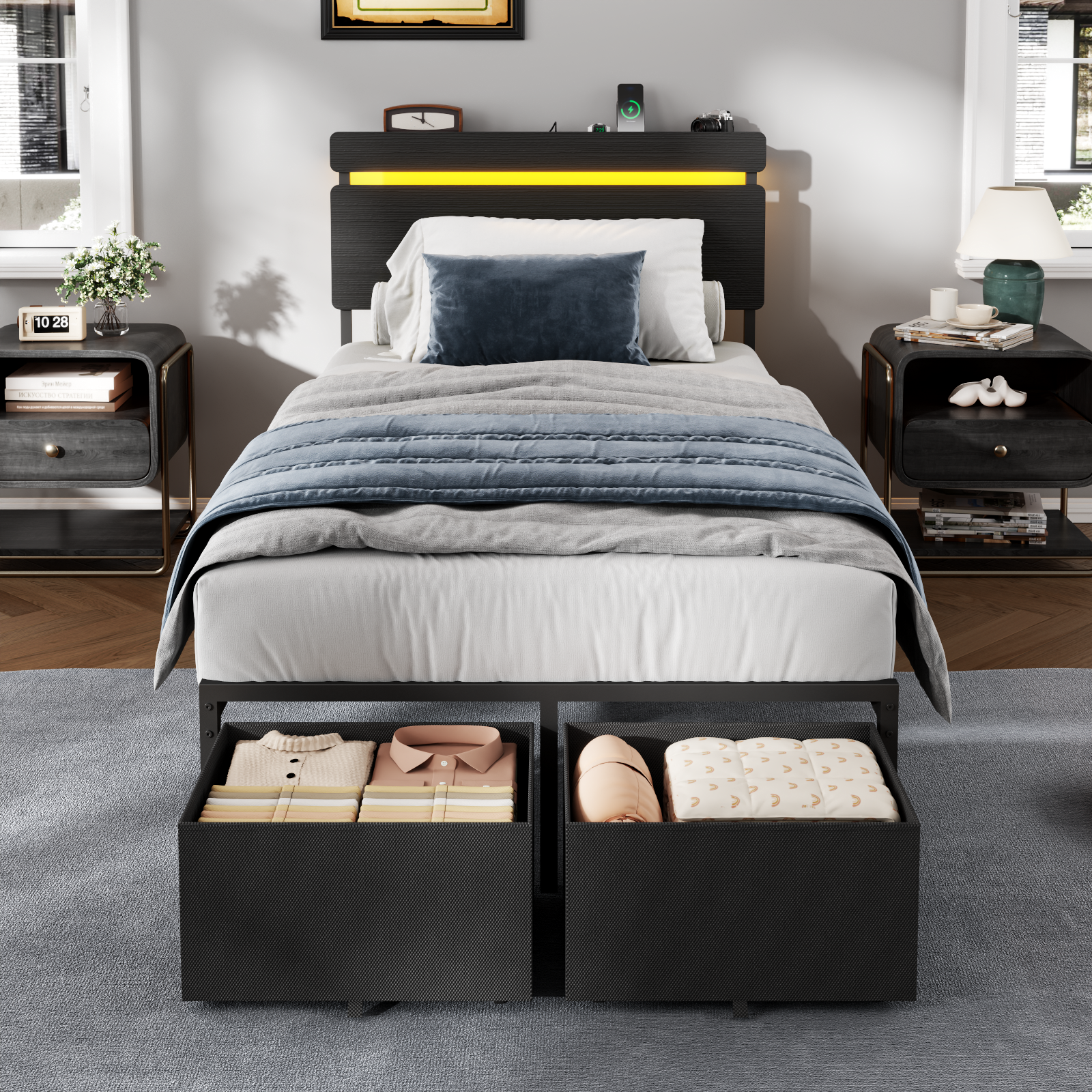 Twin Bed Frame with Wood Headboard Metal Platform Bed with 2 Storage Drawers Shelf Built-in Charging Station LED Lights No Box Spring Needed Black