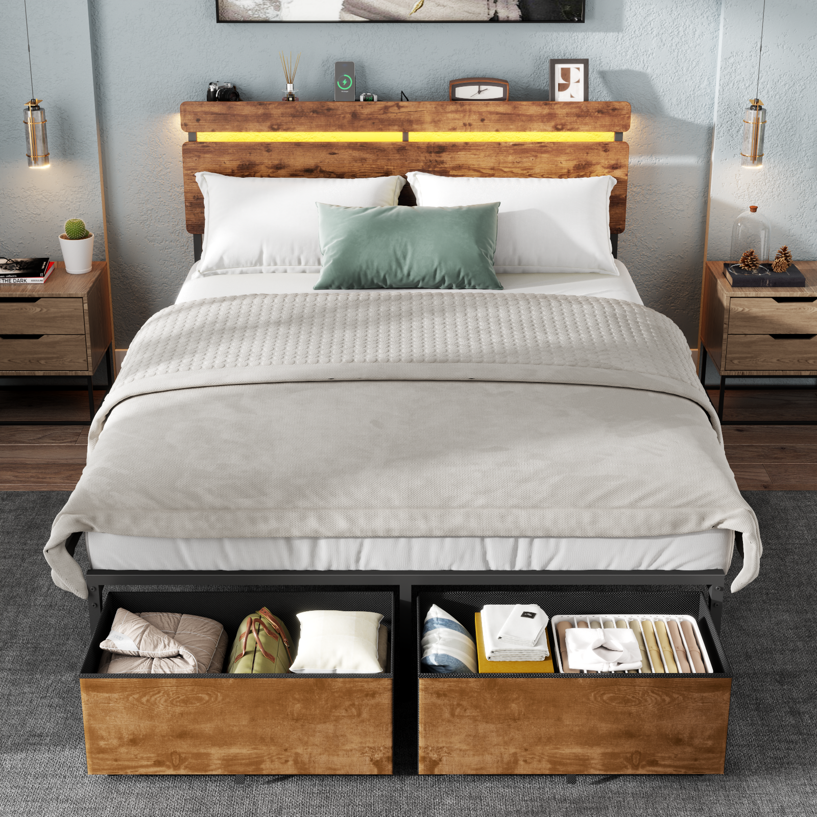 Full Size Bed Frame with Wood Headboard Metal Platform Bed with 2 Storage Drawers  Shelf Built in Charging Station  LED Lights No Box Spring Needed