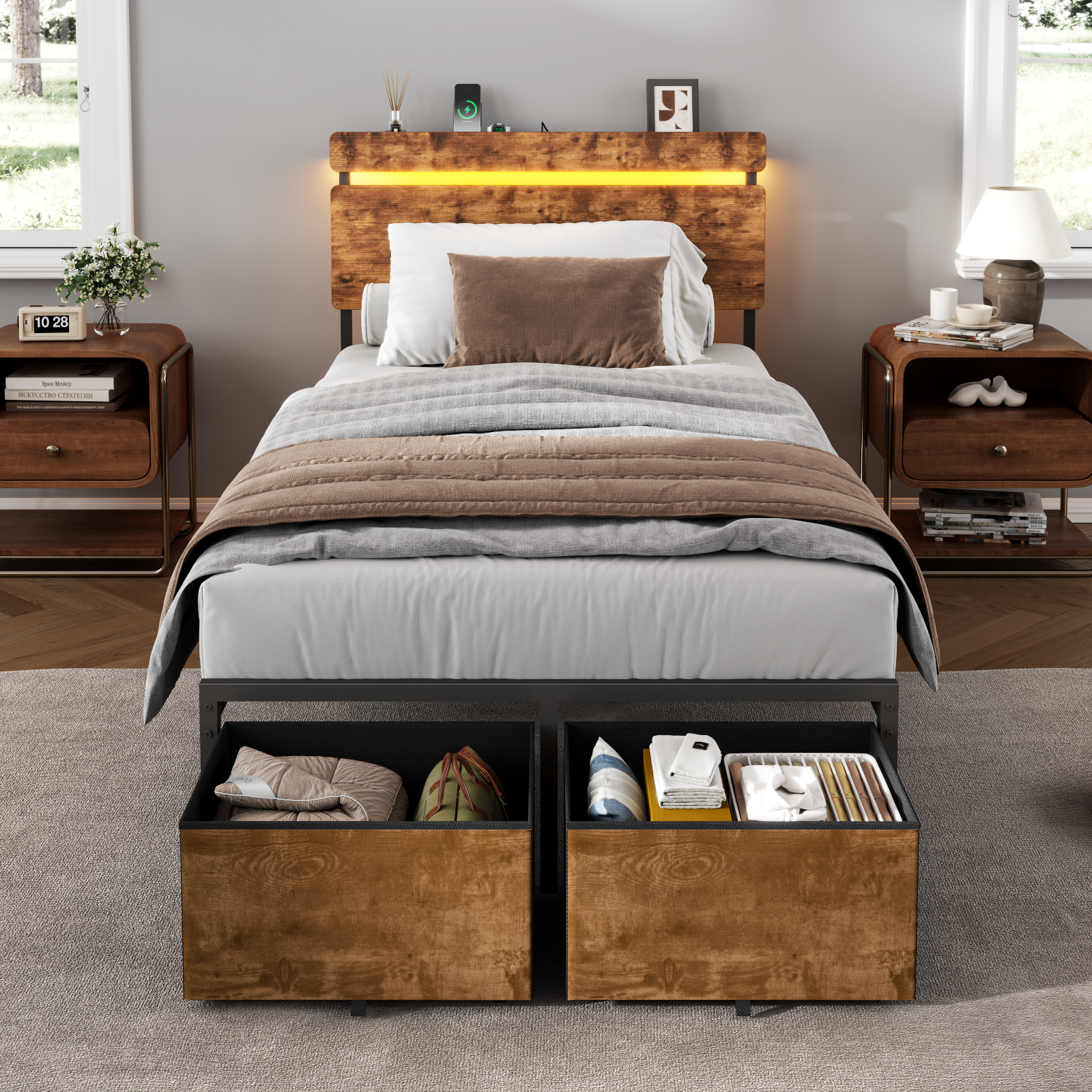 Industrial Twin Size Platform Bed Frame Vintage Brown Wood 2 Storage Drawers Headboard Shelf LED Lights Charging Station Heavy Duty Metal Teen