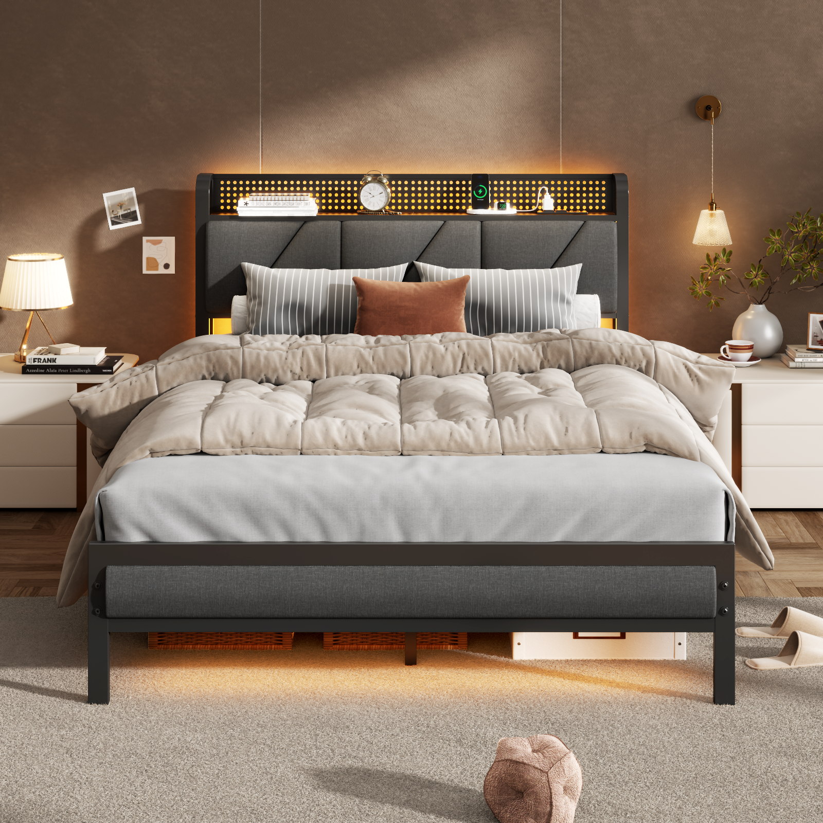Furnulem Full Bed Frame with LED Lights,Headboard with Charging Station and USB Port,Upholstered Platform Bedframe Metal Support,No Box Spring Needed