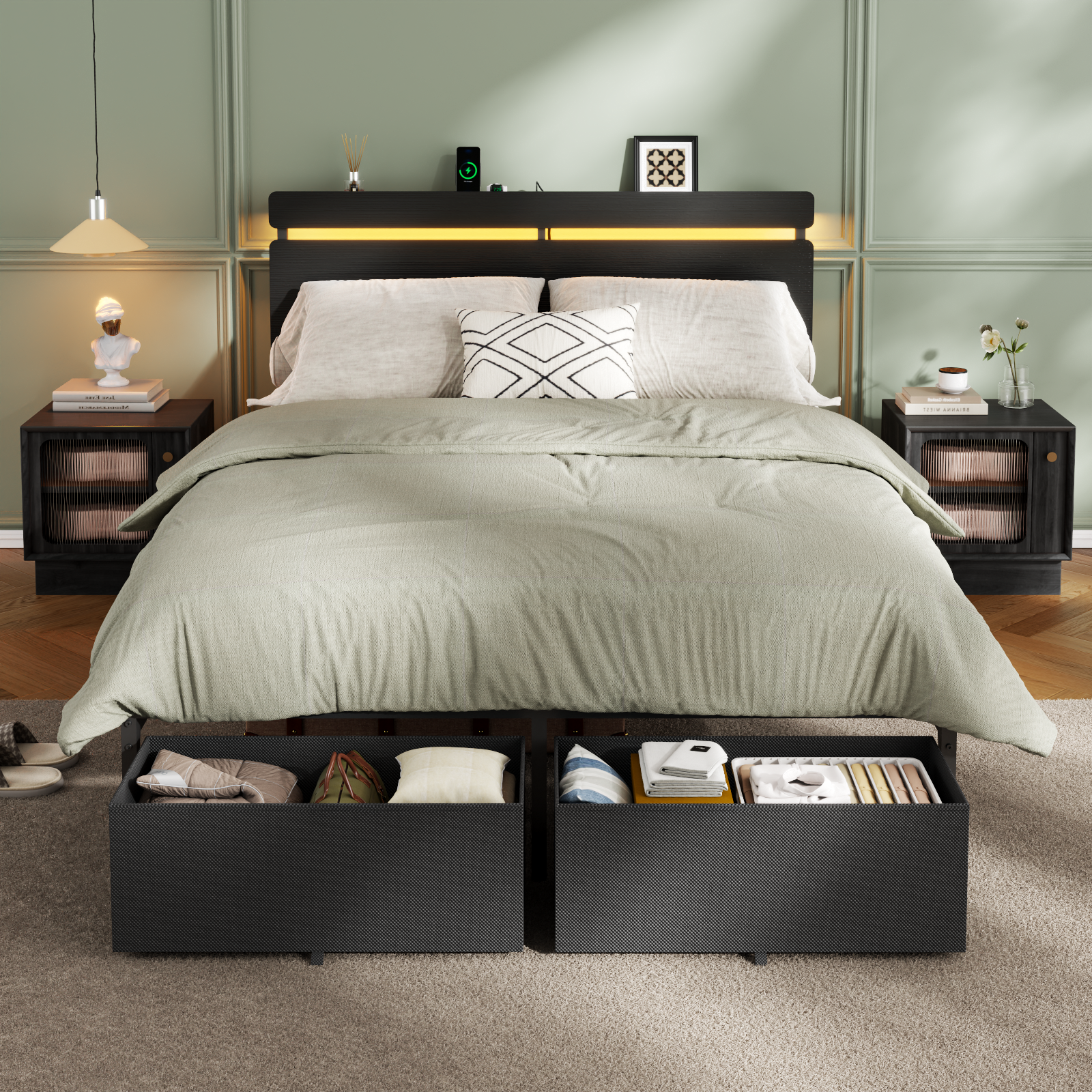 Full Size Bed Frame with Wood Headboard Black Platform Bed with 2 Storage Drawers Shelf Built in Charging Station  LED Lights No Box Spring Needed