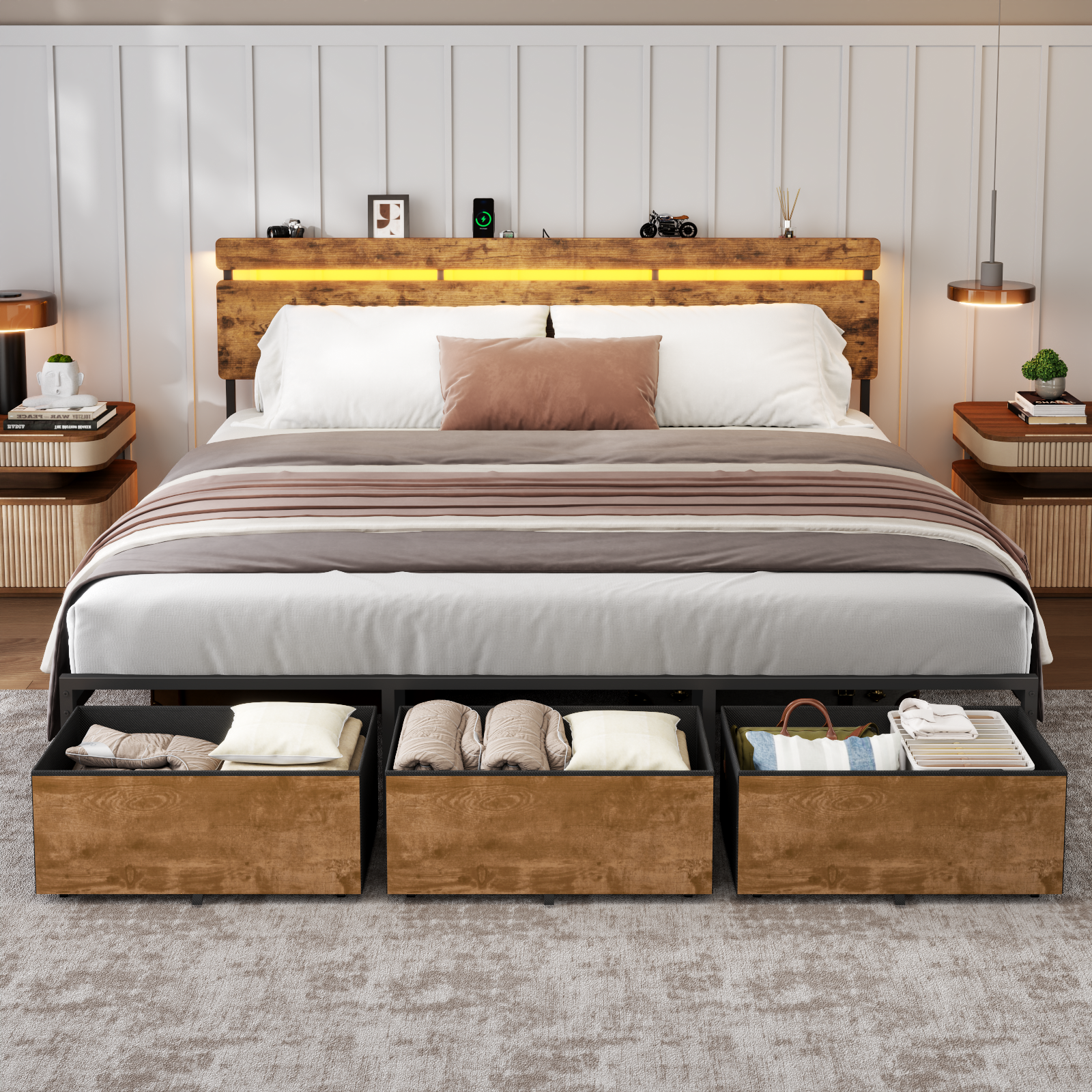 King Size Platform Bed Frame 3 Storage Drawers LED Lights Charging Station Vintage Brown Wood Headboard Shelf Heavy Duty Metal No Box Spring Needed