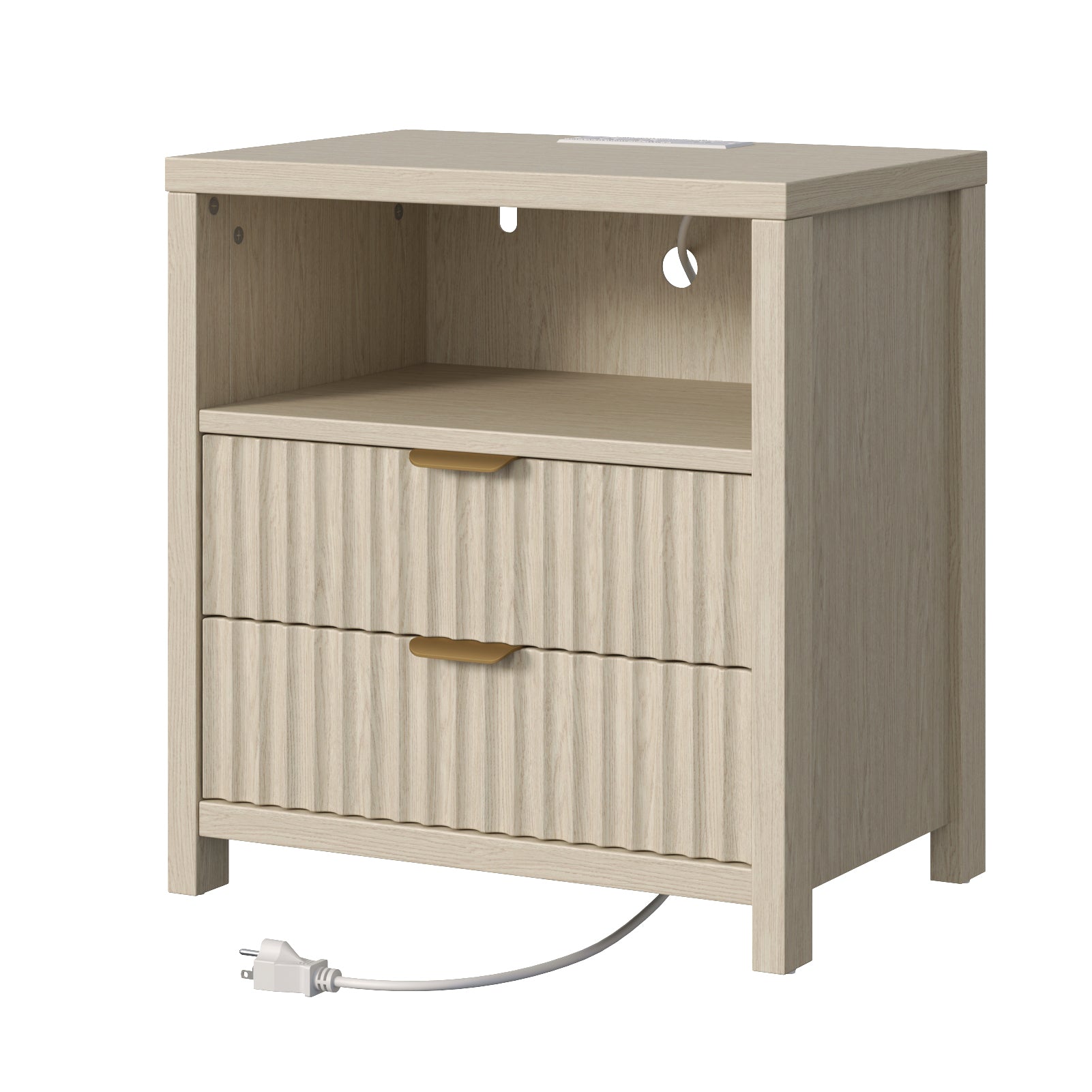 Fluted Nightstand with Charging Station 19.7 Inch Modern Bedside Table with 2 Wood Slide Drawers Open Shelf USB Ports Outlets Bedroom End Table White