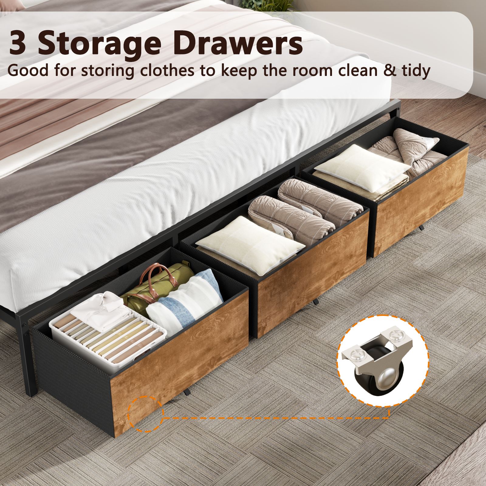 King Size Bed Frame with Wood Headboard, Metal Platform Bed with 3 Storage Drawers  Shelf Built-in Charging Station  LED Lights No Box Spring Needed