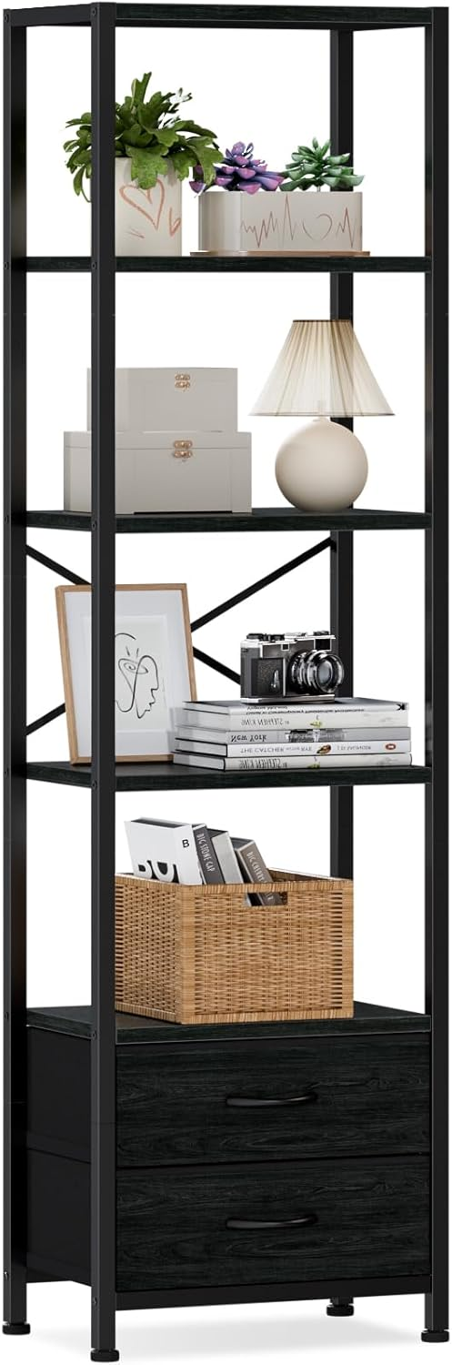 5-Tier Tall Corner Shelf, Narrow Bookshelf with Drawers
