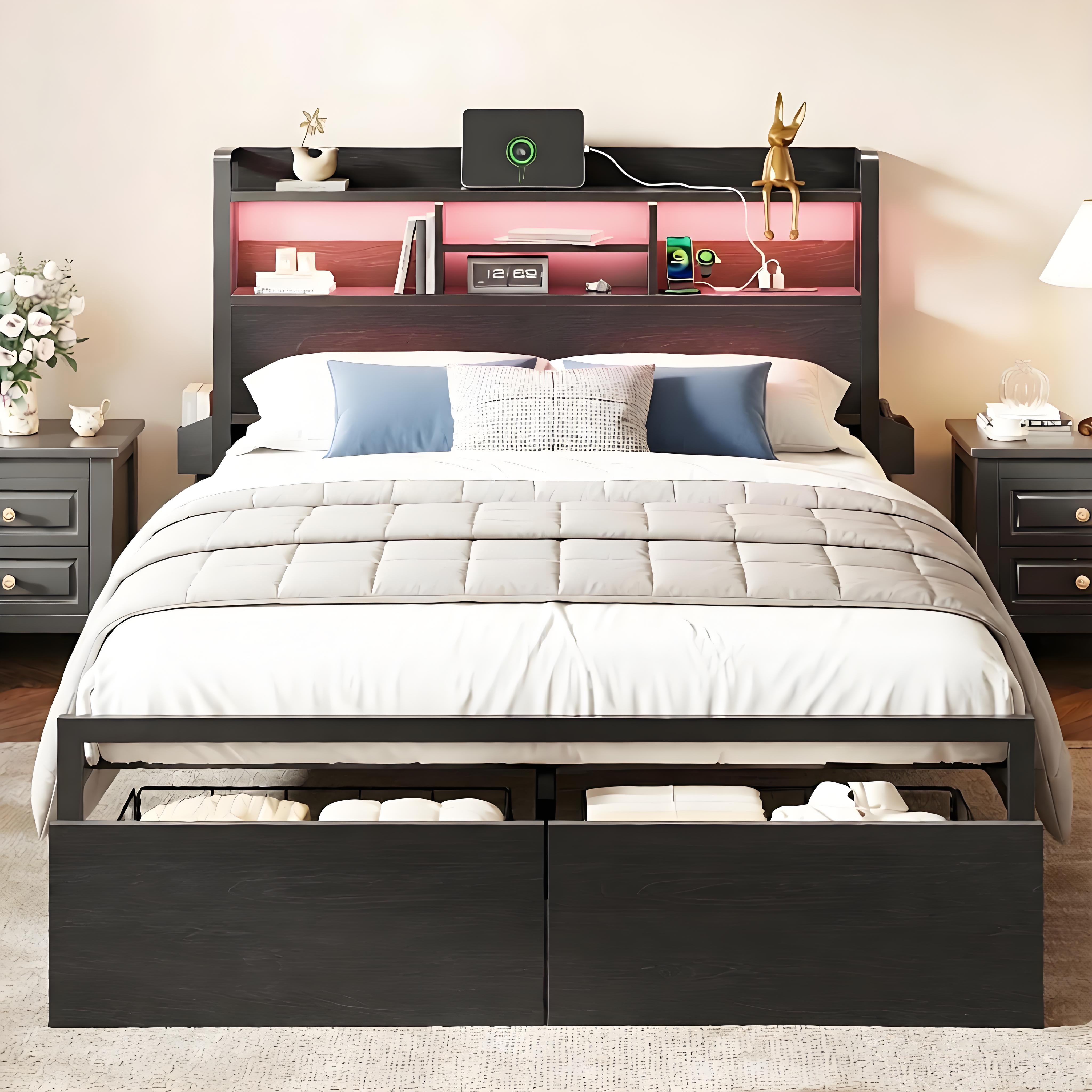 Furnulem Queen Size Bed Frame with Wooden Headboard and Shelves  Metal Platform Bed Frame with Storage Drawers LED Lights and Charging Station Black