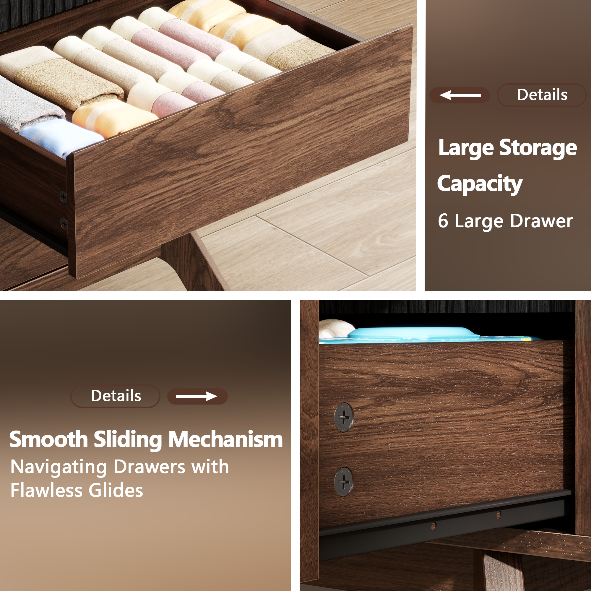 Modern Wood 6 Drawer Double Dresser Curved Roller Shutter Design Large Storage Chest of Drawers Bedroom Furniture Living Room Organizer