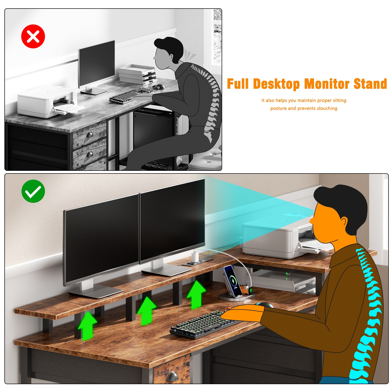 60 Inch Computer Desk with Charging Station Reversible Gaming Desk LED Lights File Cabinet Monitor Stand Rustic Brown Home Office 4 Drawers Shelf