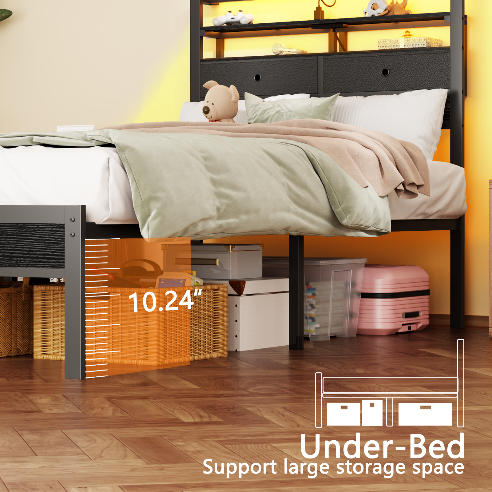 Furnulem Twin Bed Frames with Charging Station and LED Lights Wood Headboard with 2 Fabric Drawers and Storage Shelves Platform Bed with Metal Slats