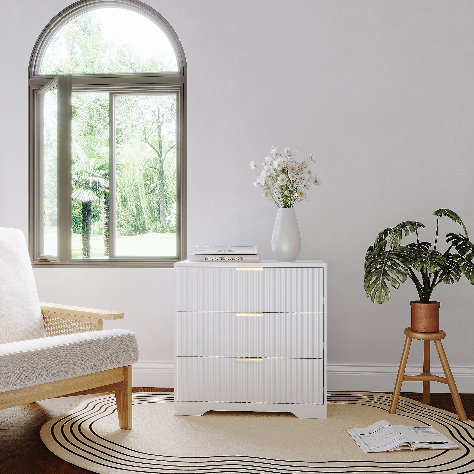 Modern Farmhouse White Nightstand 3 Drawer Fluted Wood Bedside Table Large Storage Cabinet Accent Chest Bedroom Furniture 27 Inch Wide End Table