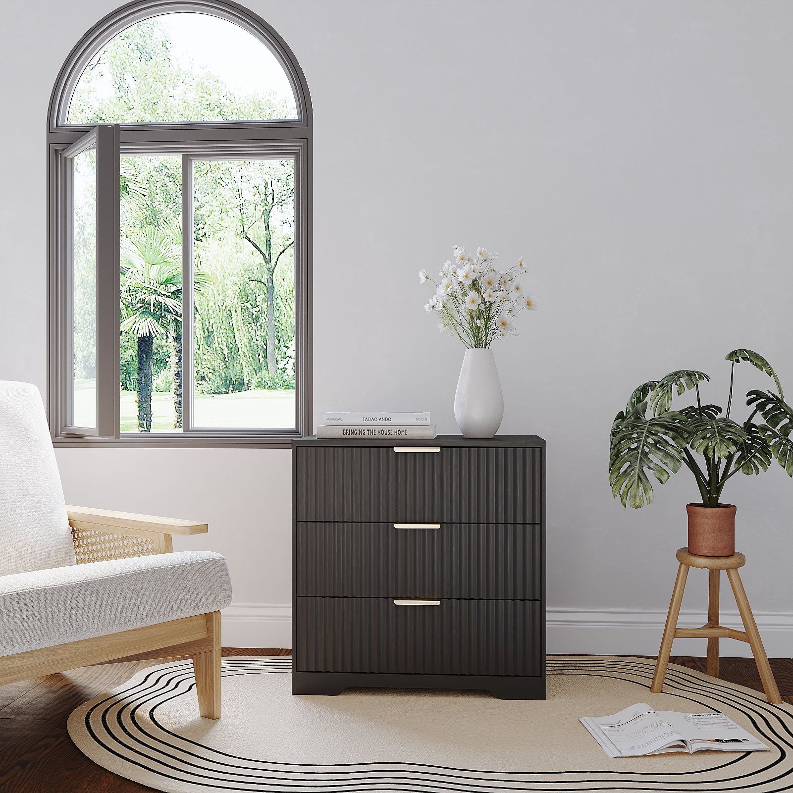 27" Wide Fluted Night Stand 3 Drawers Large End Table with Storage Black Nightstand Wood Bedside Tables Farmhouse Cabinet Dresser for Bedroom Closet