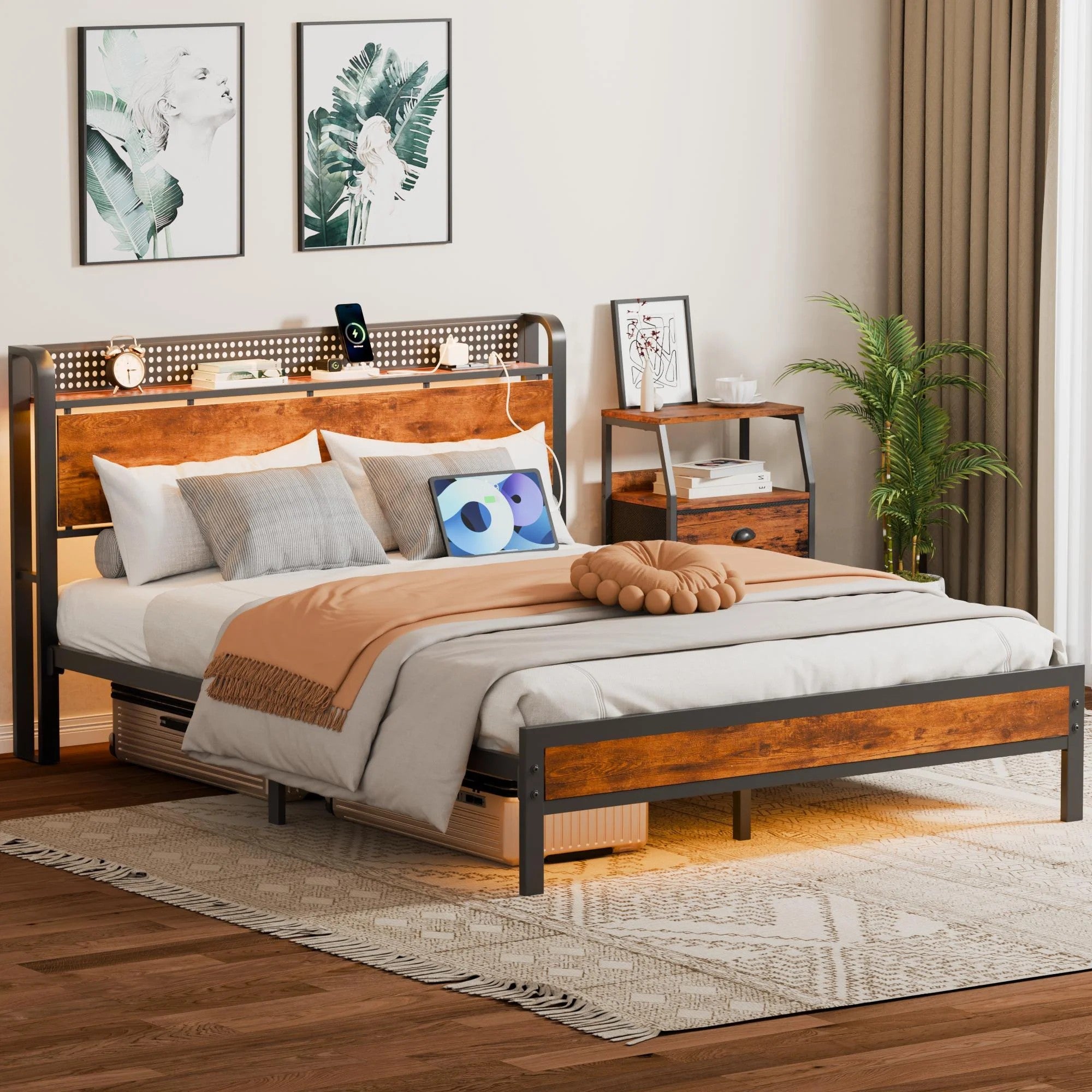 RGB LED Strip Platforrm Bed Frames with Headboard Metal, Storage Shelves & Underbed, Niose Free, No Box Spring Needed