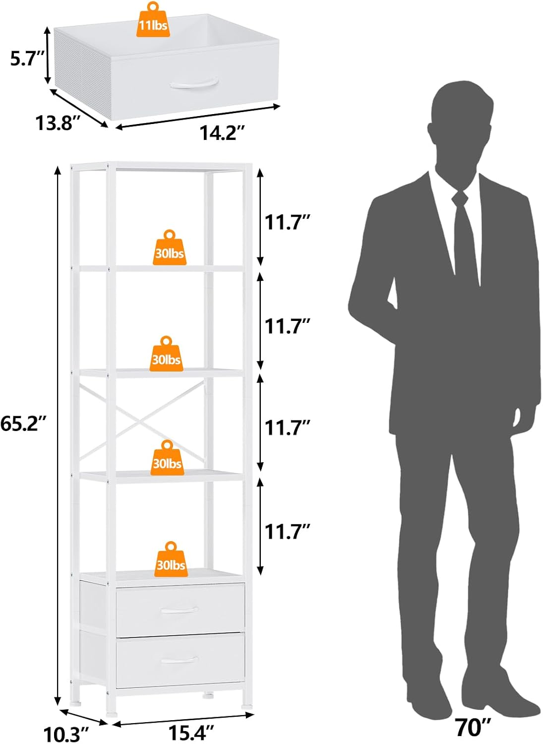 5-Tier Corner Shelf,Tall Narrow Bookshelf with Drawers,White