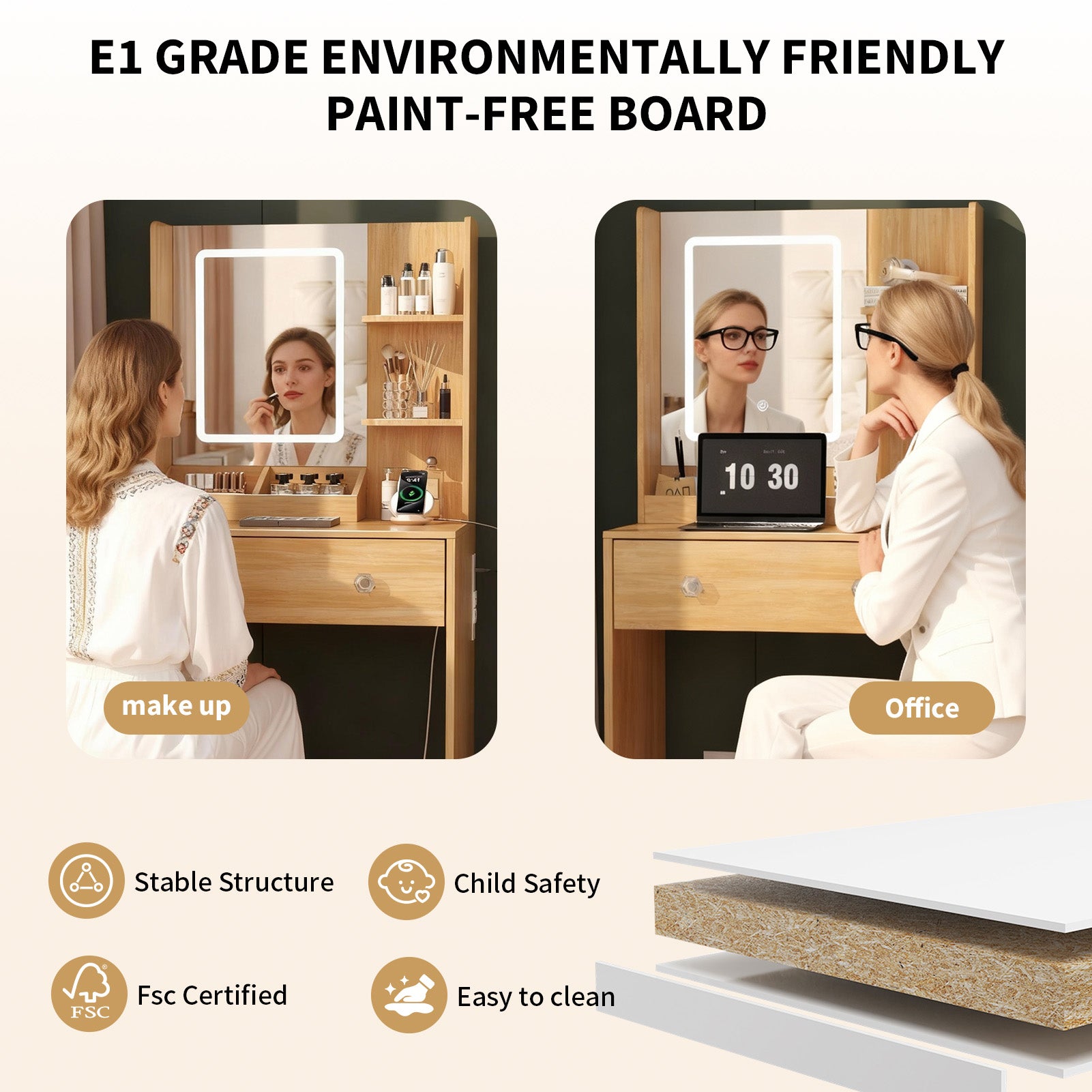 24" Modern Wood Vanity Desk with Lighted Mirror and Charging Station Small Makeup Dressing Table with 2 Drawers and 3 Storage Shelves for Bedroom