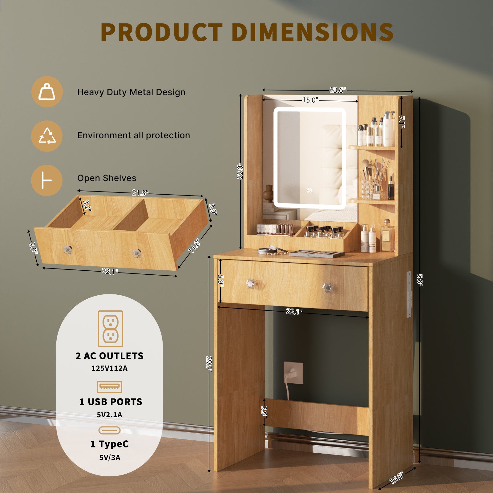 24" Modern Wood Vanity Desk with Lighted Mirror and Charging Station Small Makeup Dressing Table with 2 Drawers and 3 Storage Shelves for Bedroom