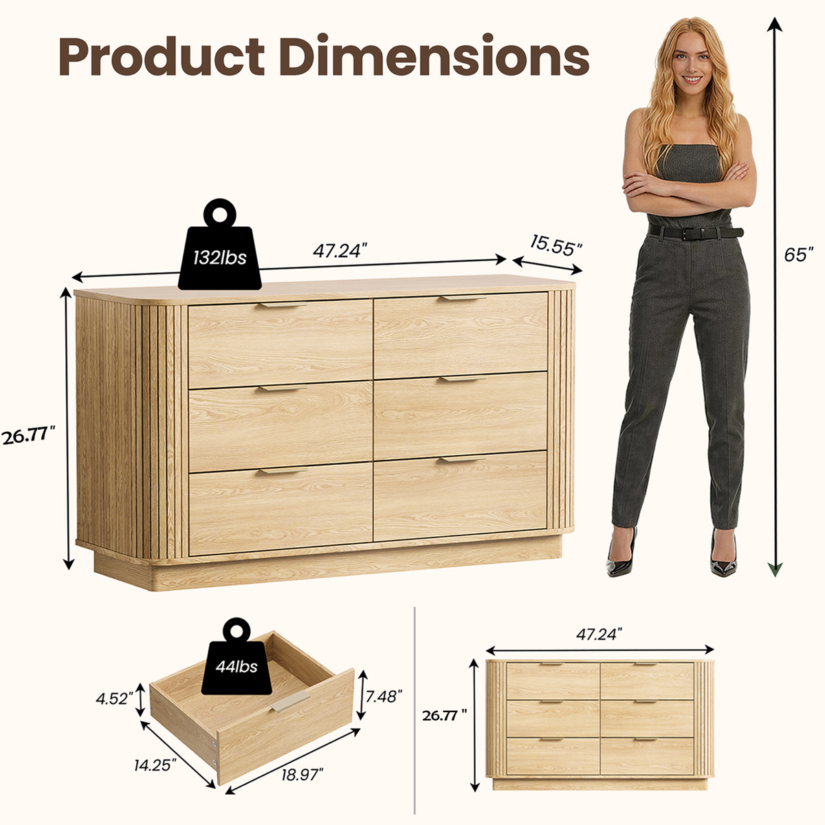 Qwatto 6 Drawer Double Dresser Mid Century Modern Fluted Wood Chest of Drawers Curved Profile Wide Bedroom Storage Organizer Cabinet for Nursery Oak