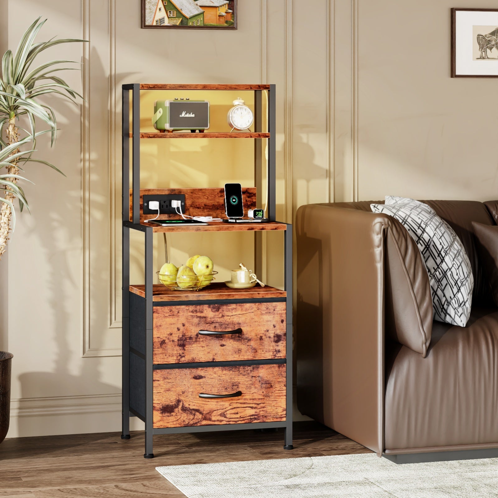 Furnulem Night Stand, Tall Nightstand with 4-Tier Shelves, 2 Fabric Drawers and Light Tube, Bed Side Tables with Charging Station, Bedside Table for Bedroom, Office, Rustic Brown