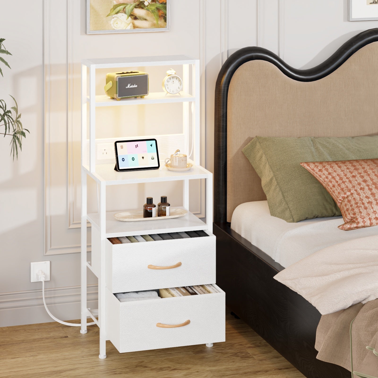 Furnulem Night Stand, Tall Nightstand with 4-Tier Shelves, 2 Fabric Drawers and Light Tube, Bed Side Tables with Charging Station, Bedside Table for Bedroom, Office, Rustic Brown