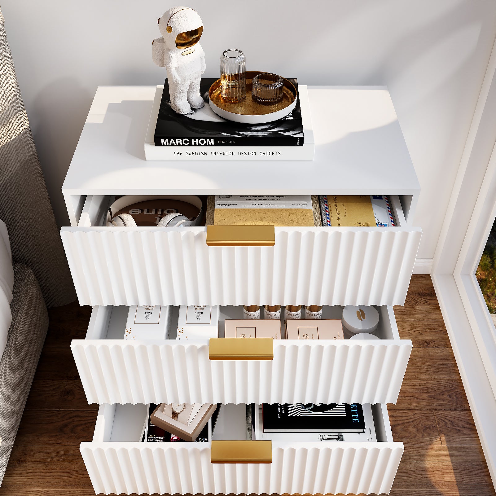 27-in Wide Fluted Night Stand 3 Drawers Large End Table with Storage White Nightstand Wood Bedside Tables Farmhouse Cabinet Dresser for Bedroom Closet