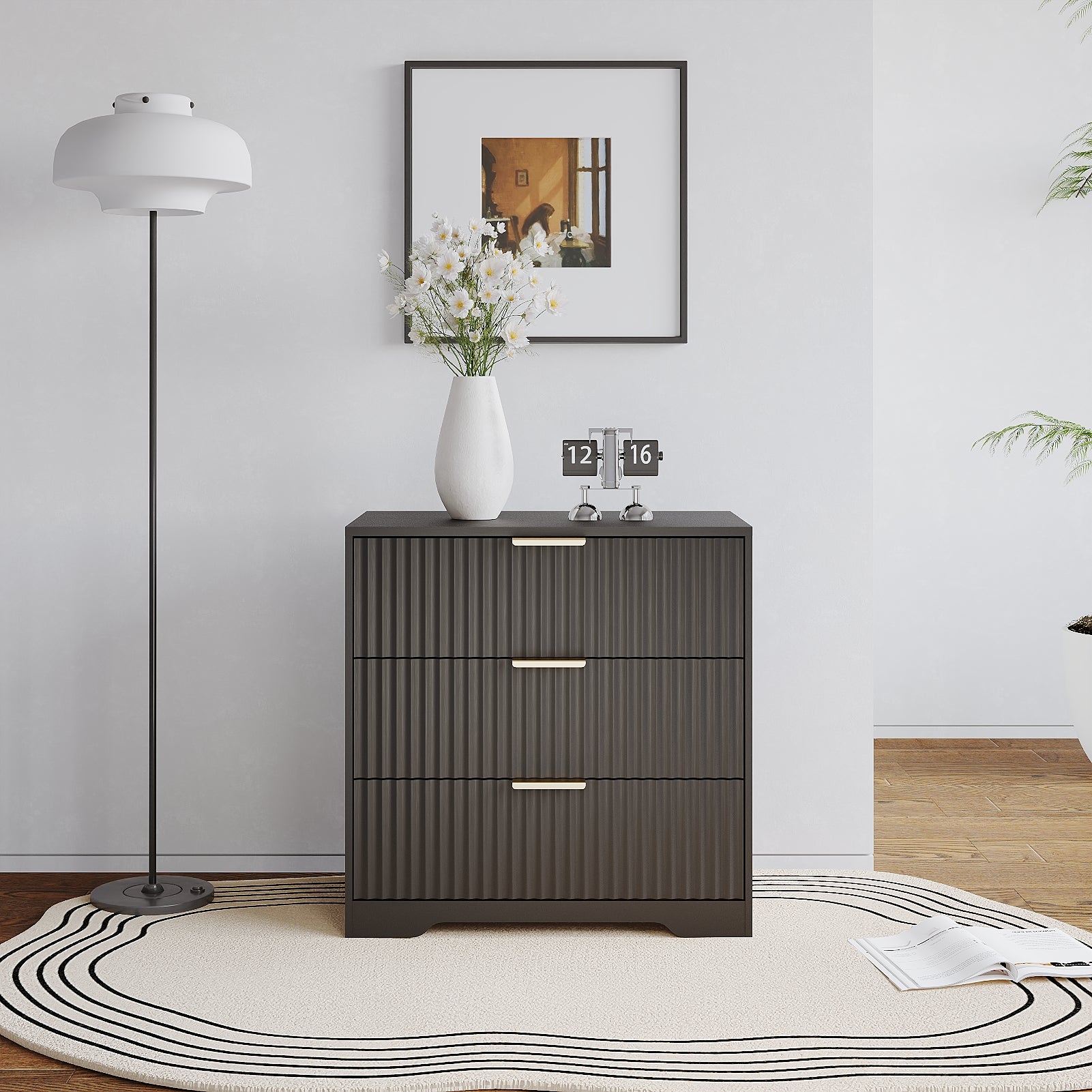 Modern Black Wood Nightstand 3 Drawer Fluted Bedside Table Wide Storage Cabinet Bedroom Furniture Accent Chest Large 27 Inch Dresser Organizer