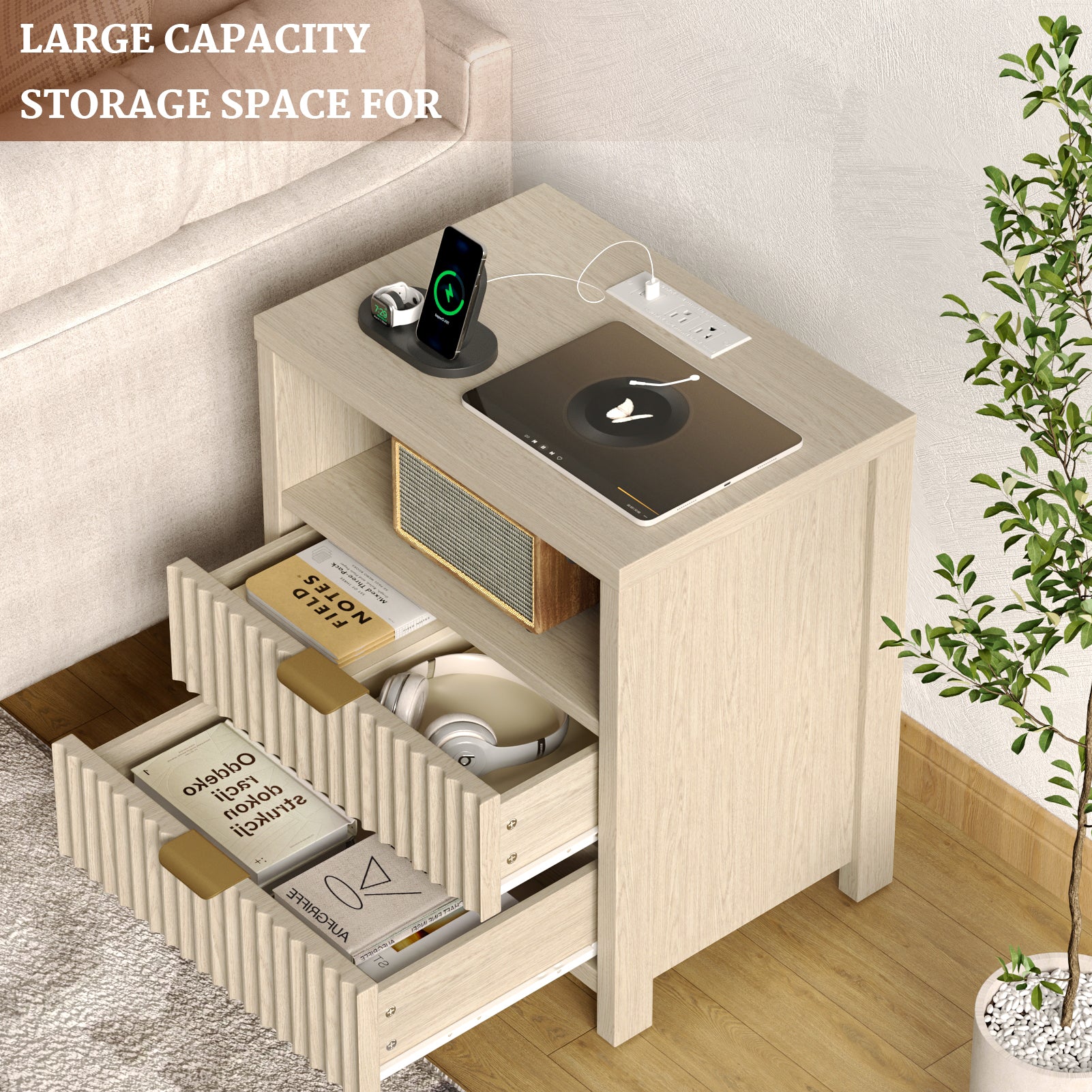 19.7 Inch Bedside Table with Charging Station Fluted Nightstand 2 Wood Drawers Open Shelf Modern End Table with Metal Handle Wood Legs for Living Room