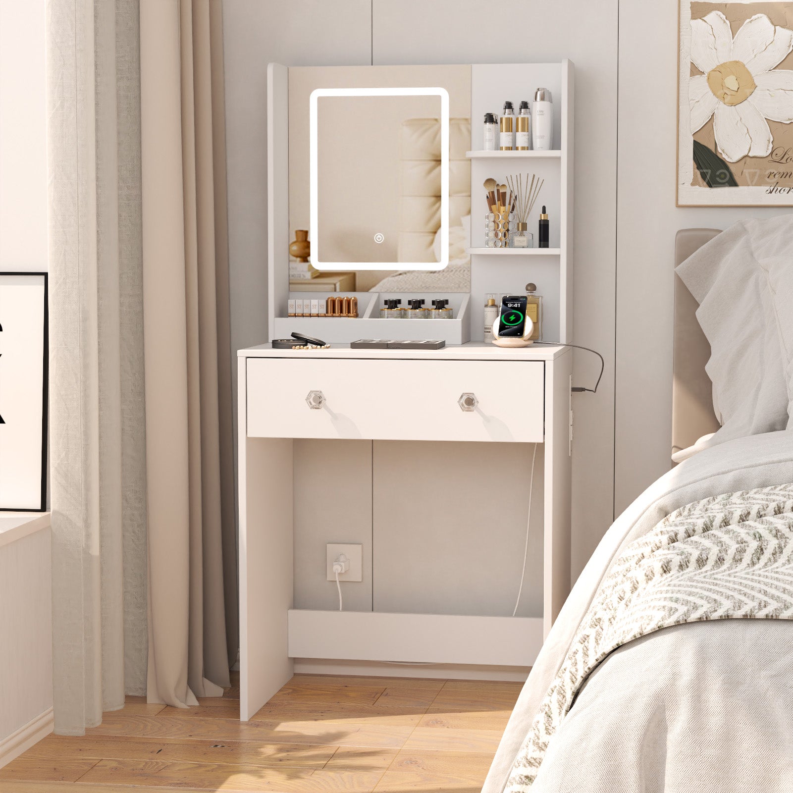 White Vanity Desk with LED Lighted Mirror and Built-in Power Outlet 24 Inch Small Makeup Dressing Table with 2 Drawers and 3 Shelves for Girls Room