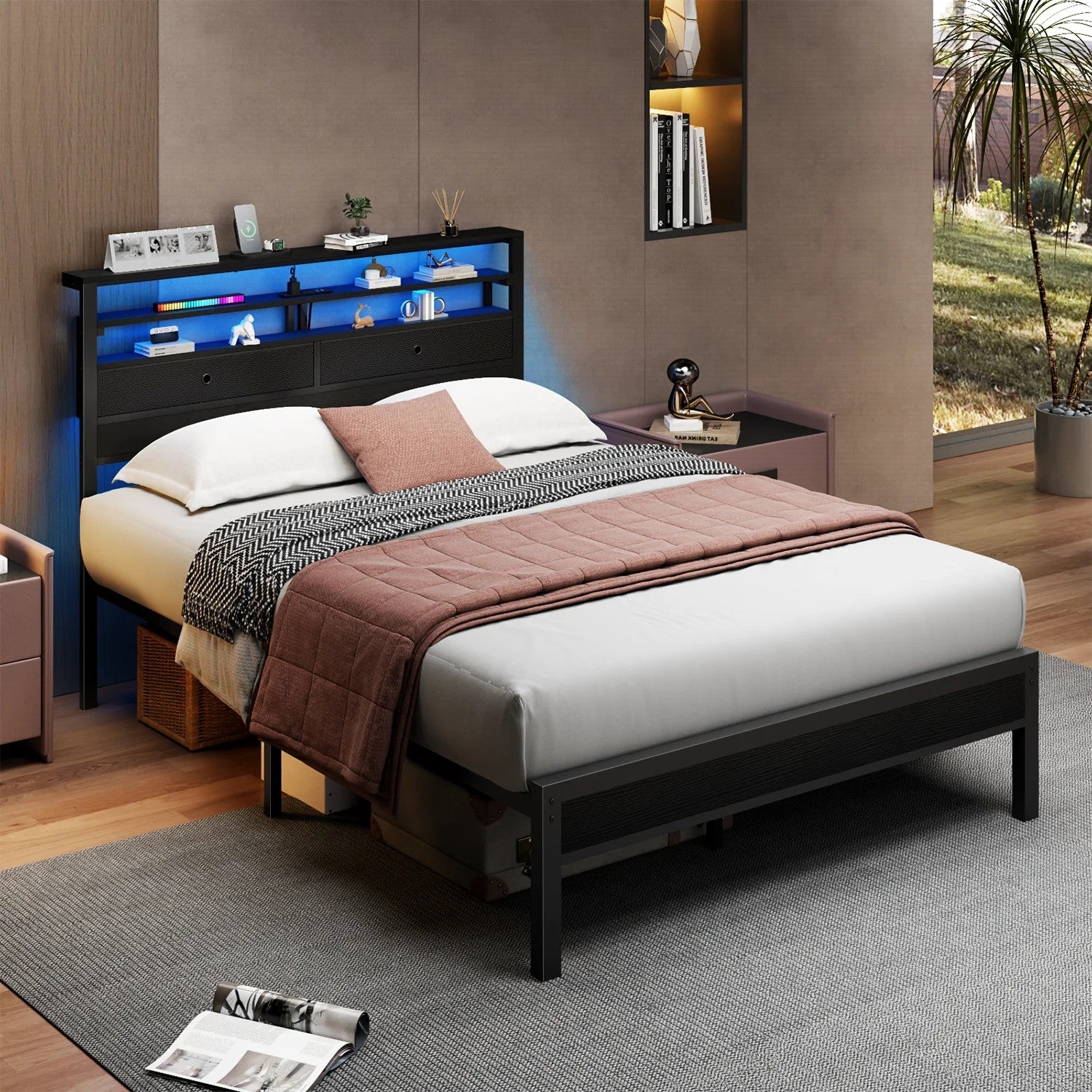 Bed Frame with 2 Storage Drawers Headboard, LED & Charging Station, Black oack