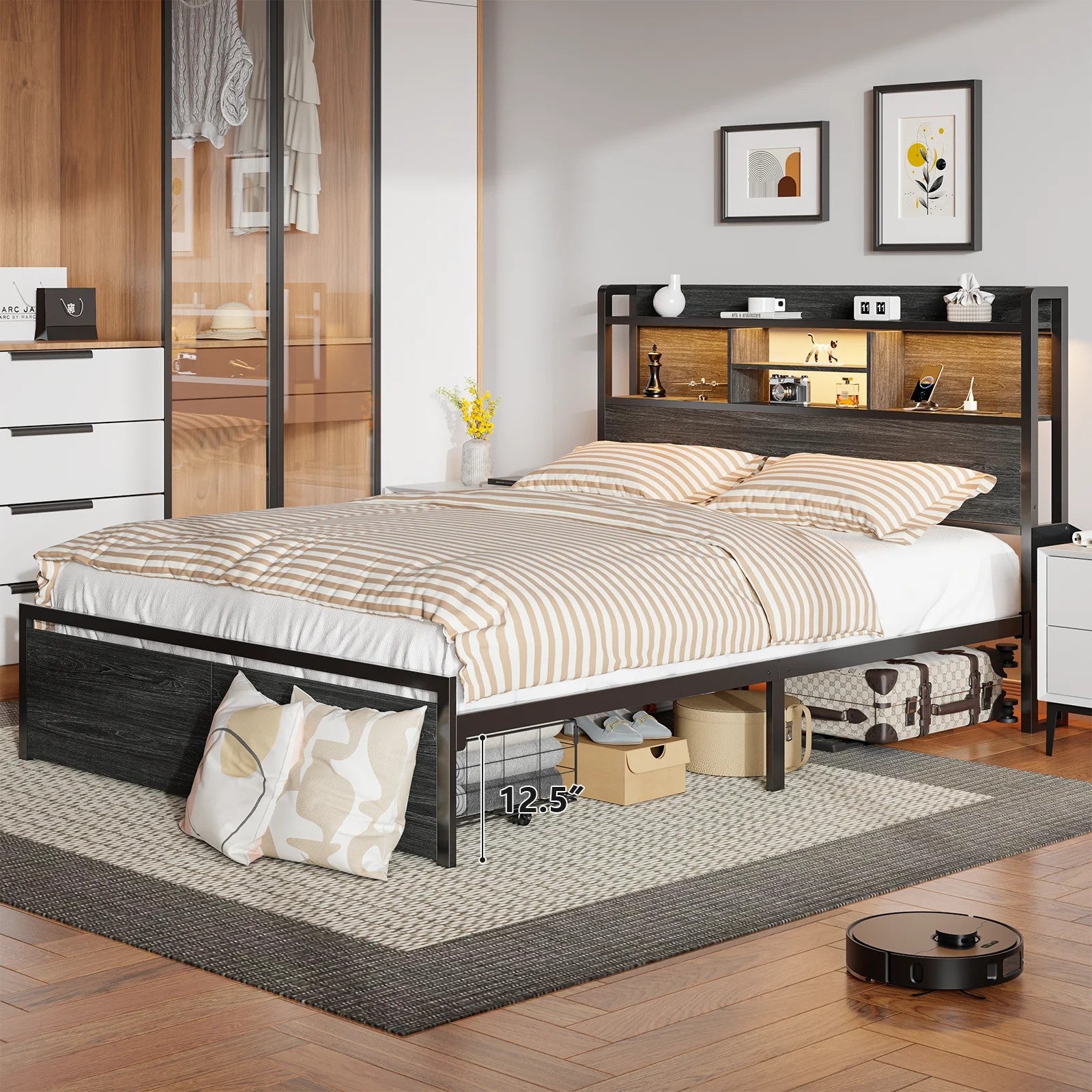 Electric Bed Frames Full No Box Spring Needed with Charging Station & Storage Drawers, Black Oak