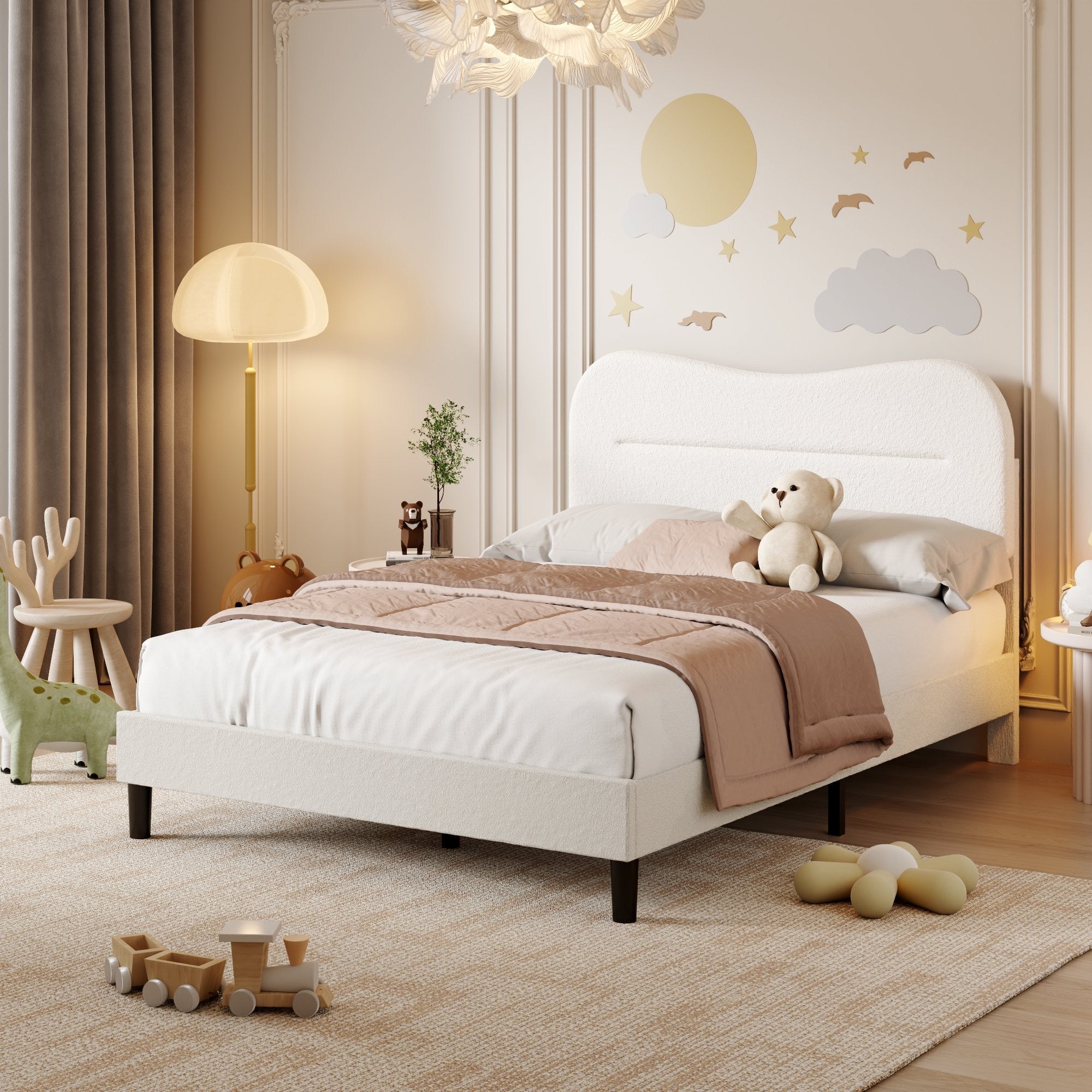 Bed Frame with Teddy Velvet Soft Curved Headboard, Platform Bed with Wooden Slats Support, Easy Assembly, Noise-Free, White