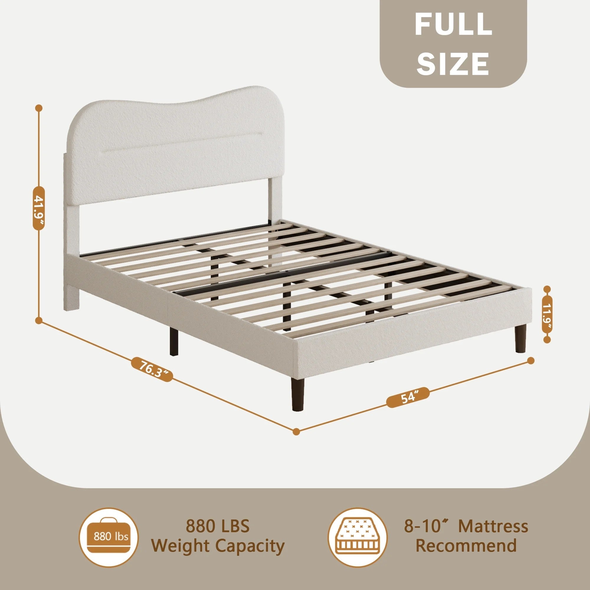 Bed Frame with Teddy Velvet Soft Curved Headboard, Platform Bed with Wooden Slats Support, Easy Assembly, Noise-Free, White