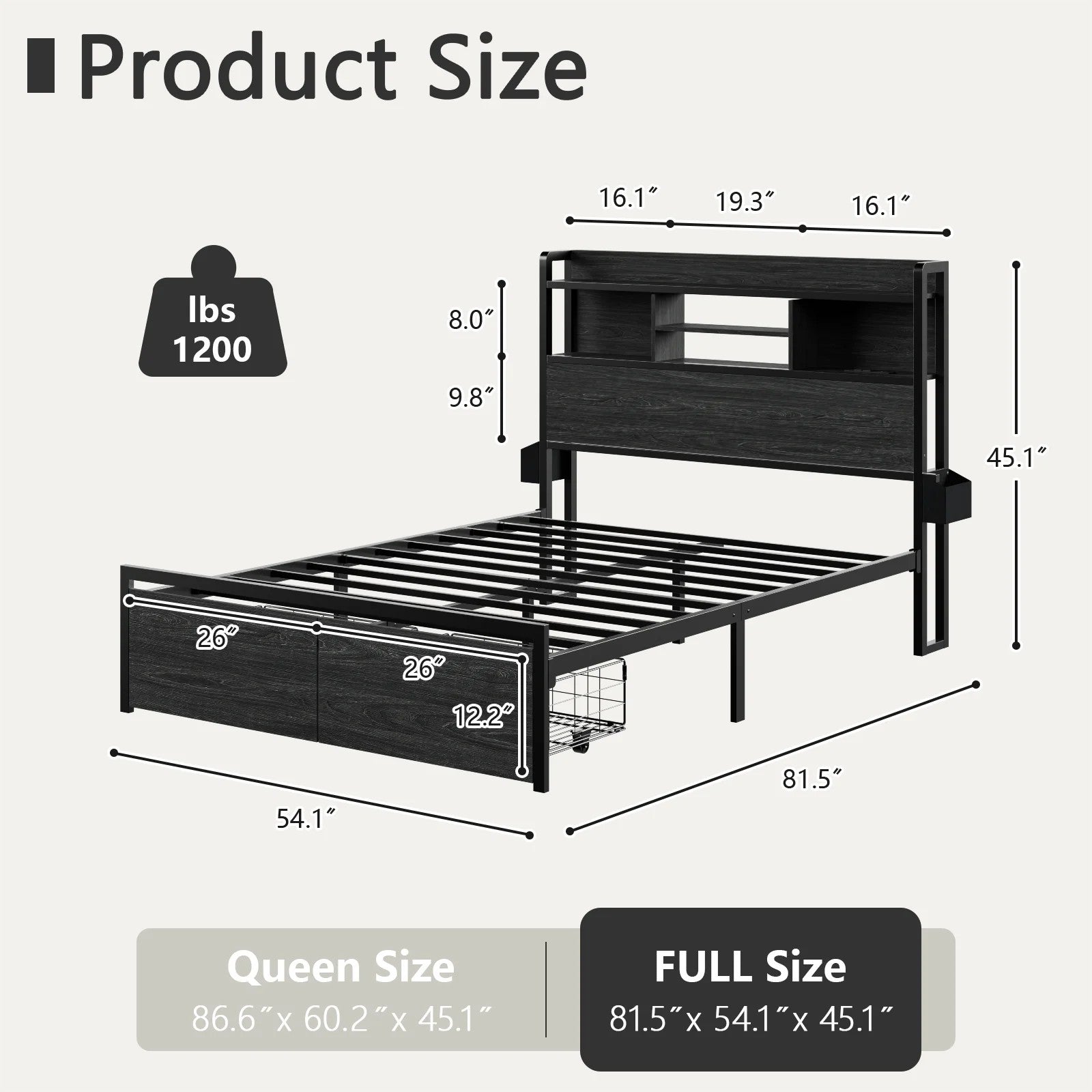 Electric Bed Frames Full No Box Spring Needed with Charging Station & Storage Drawers, Black Oak