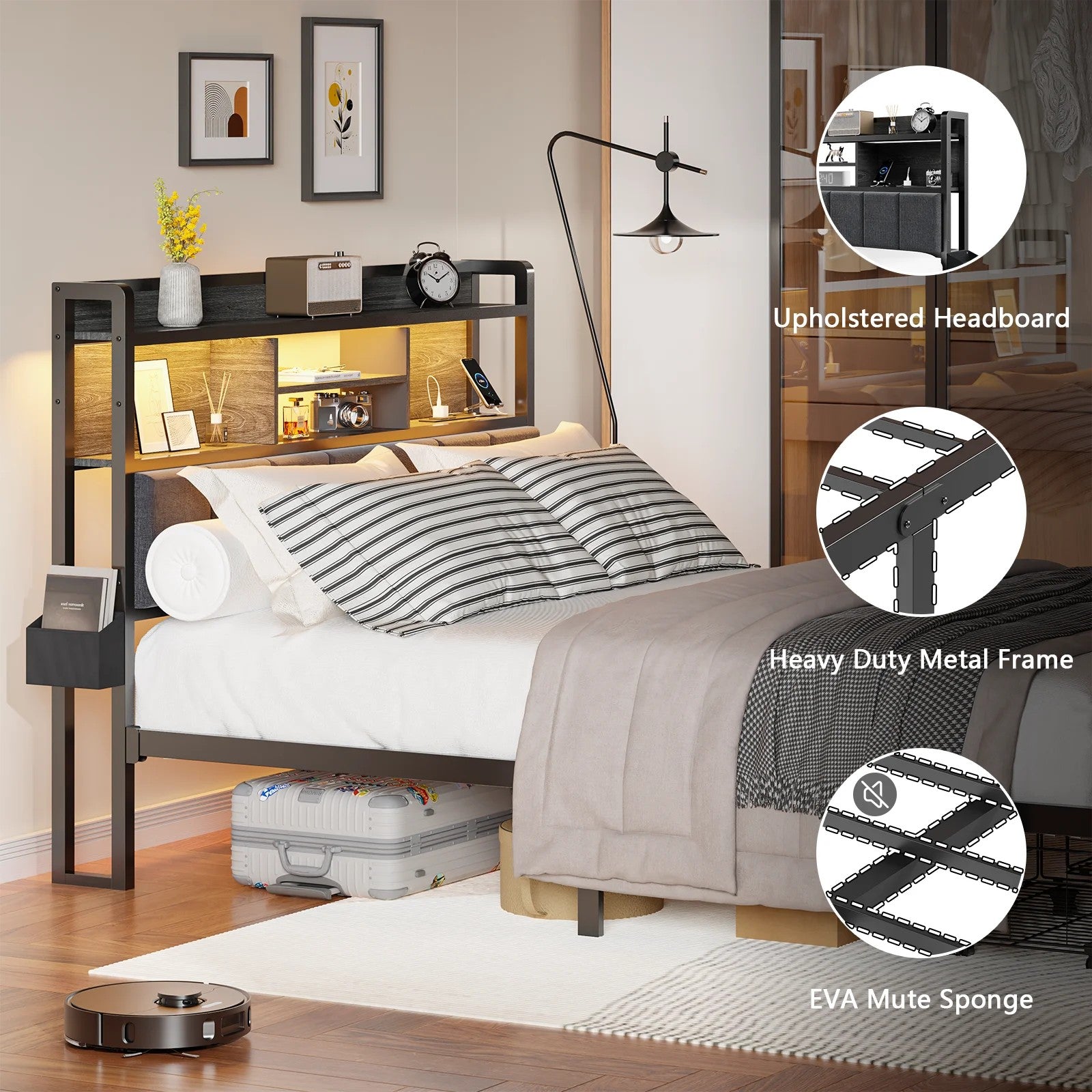 Bed Frames Bedroom Furniture Sets with Upholstered Storage Headboard & Outlets, LED Lights Standard Bed con Cajones, Niose Free