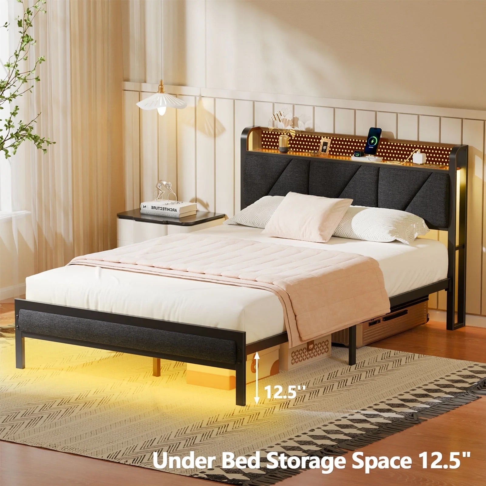 Full Bed Frame with Upholstered Storage Headboard, Metal Platform Bed Station with Charging Station & LED, Noise-Free. No Box Spring Needed