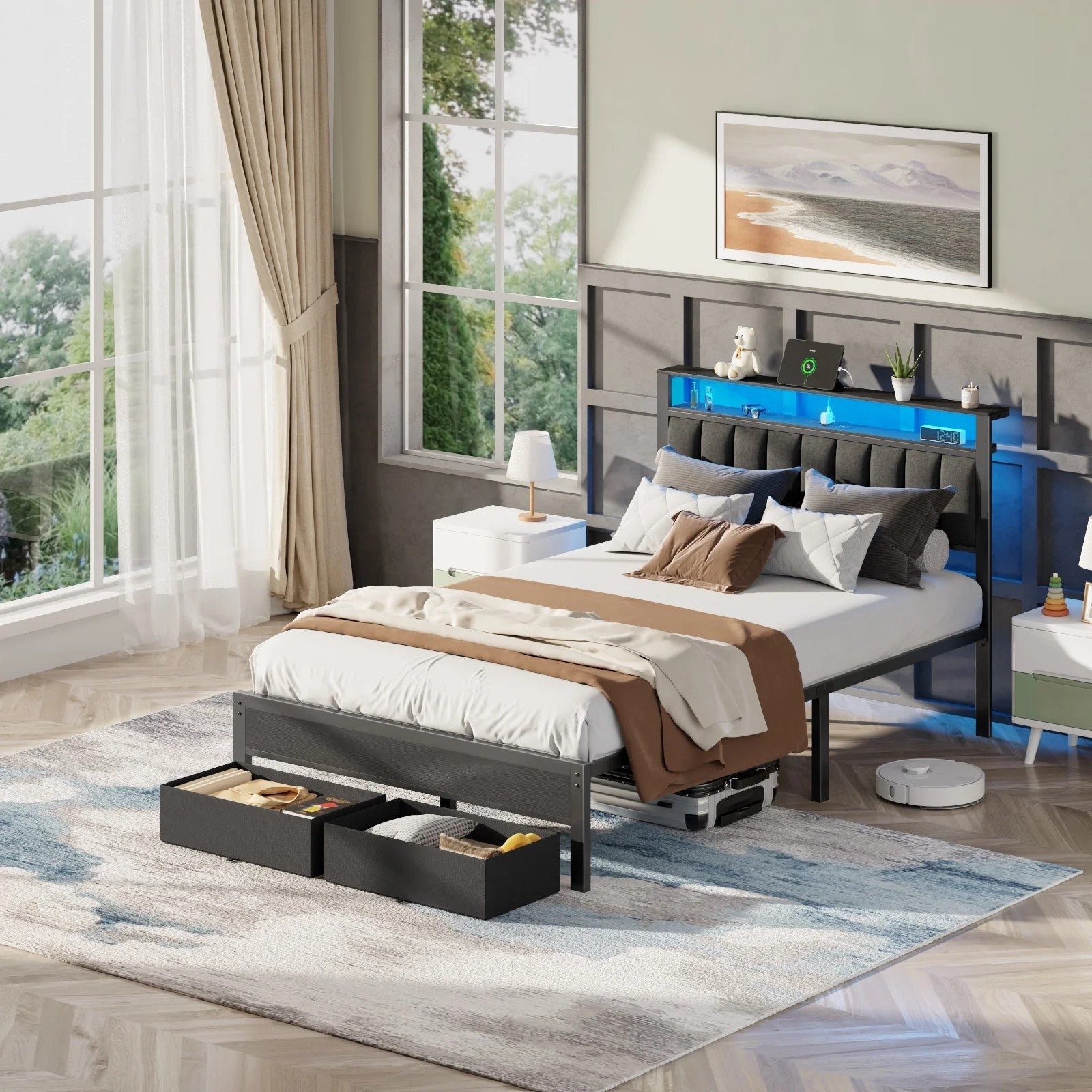 Bed Frame with 2 Drawers & Storage Headboard, Platform Metal Bed with 2 USB Ports and Outlets, No Box Spring Needed
