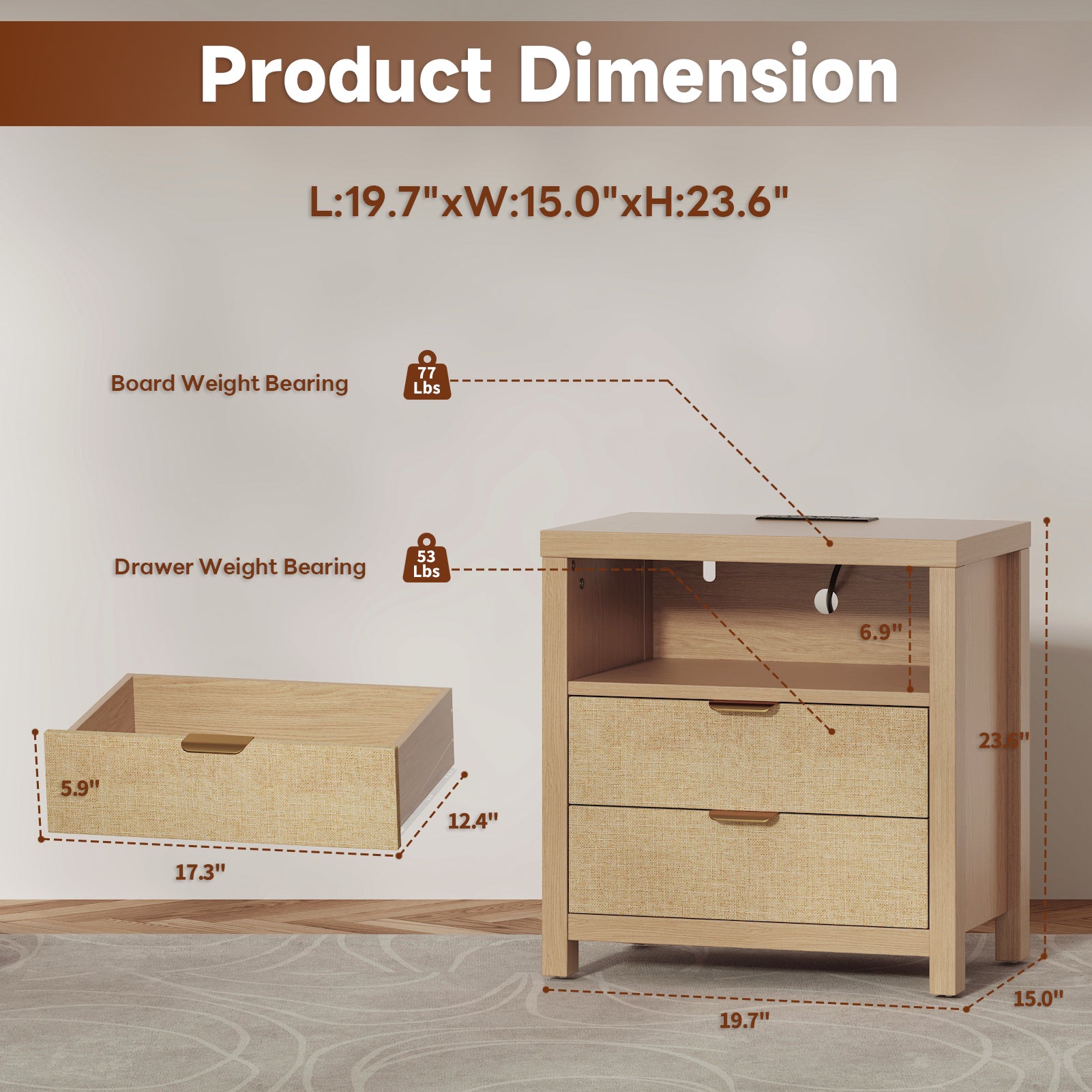 Nightstand with Charging Station Accent Night Stand with 2 Drawers and Storage Shelf Slide Drawer Bedside Table for Bedroom Natural Oak Thick Wood