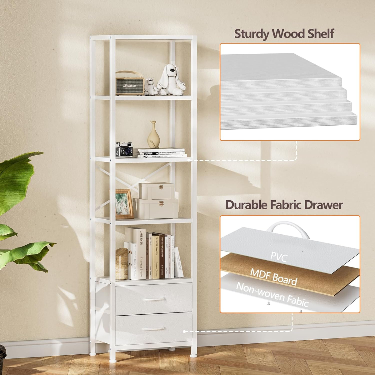 5-Tier Corner Shelf,Tall Narrow Bookshelf with Drawers,White