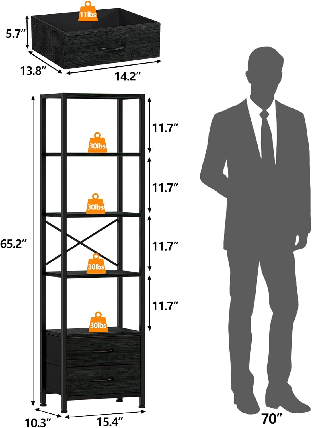 5-Tier Tall Corner Shelf, Narrow Bookshelf with Drawers