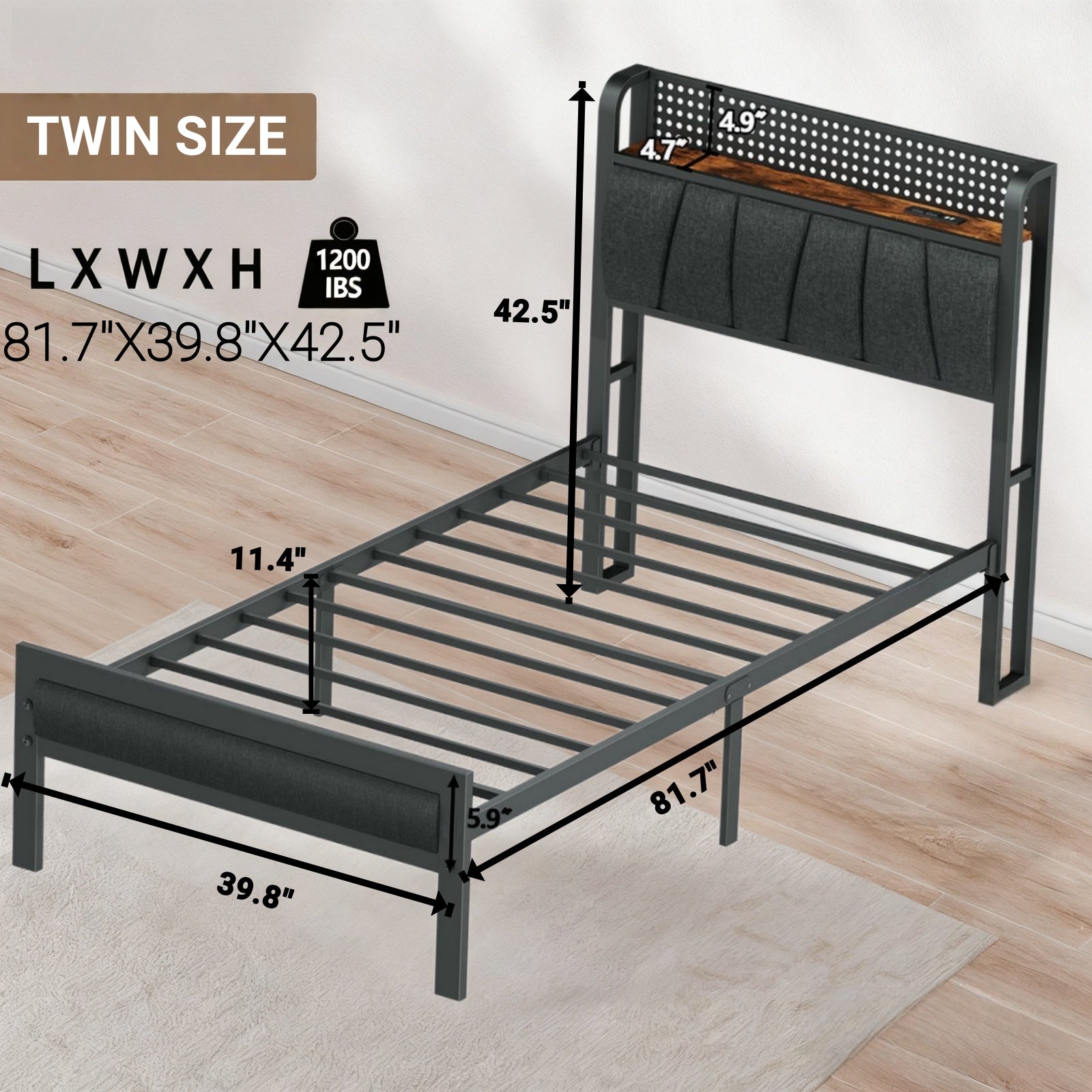Furnulem LED Bed Frame with Upholstered Headboard and Charging Station