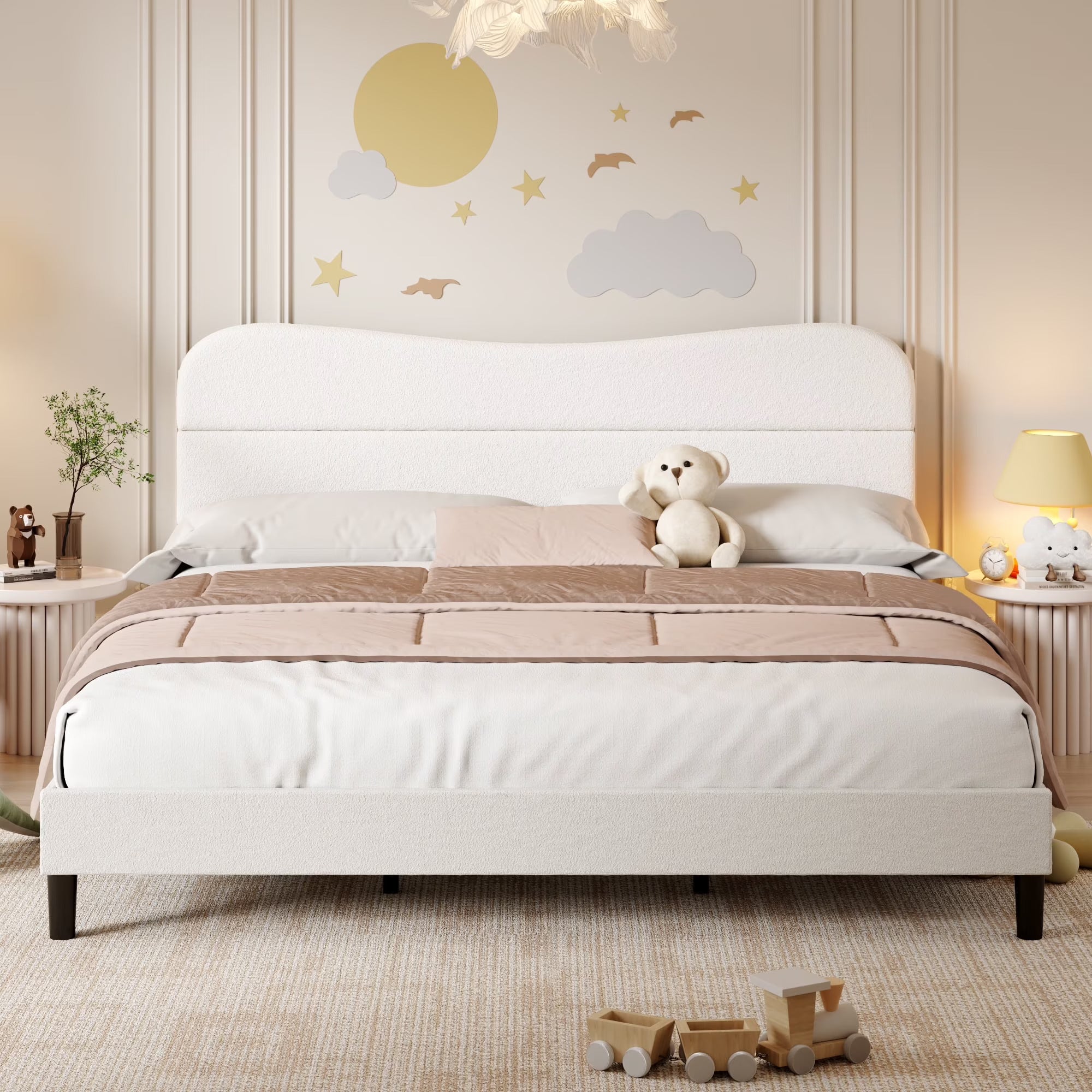 Bed Frame with Teddy Velvet Soft Curved Headboard, Platform Bed with Wooden Slats Support, Easy Assembly, Noise-Free, White