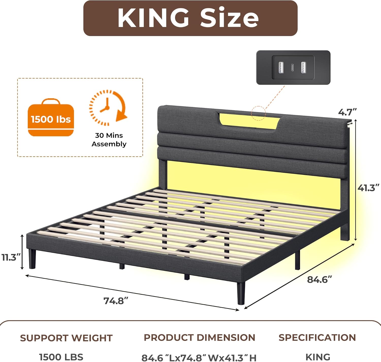 Furnulem Queen/King Size Bed Frames with Upholstered Headboard, Modern Platform Bed with Charging Station and Led Lights, Bed Frame with Sturdy Wooden Slats