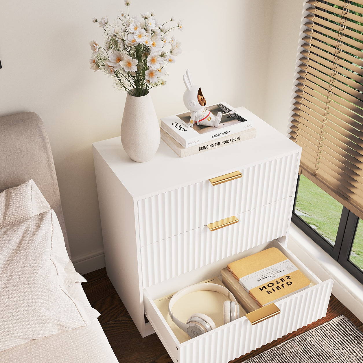 27 Inch Wide White Nightstand 3 Drawer Wood Bedside Table Storage Modern Fluted Accent Cabinet Large Bedroom Dresser End Table Home Furniture Unit