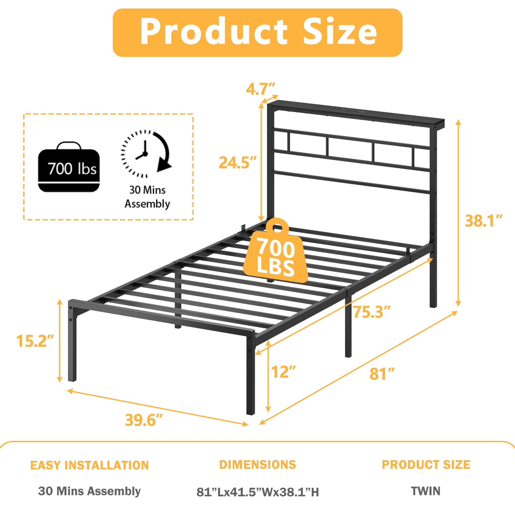 Furnulem Twin Bed Frames with USB Charging Station, LED Lights and Storage Headboard