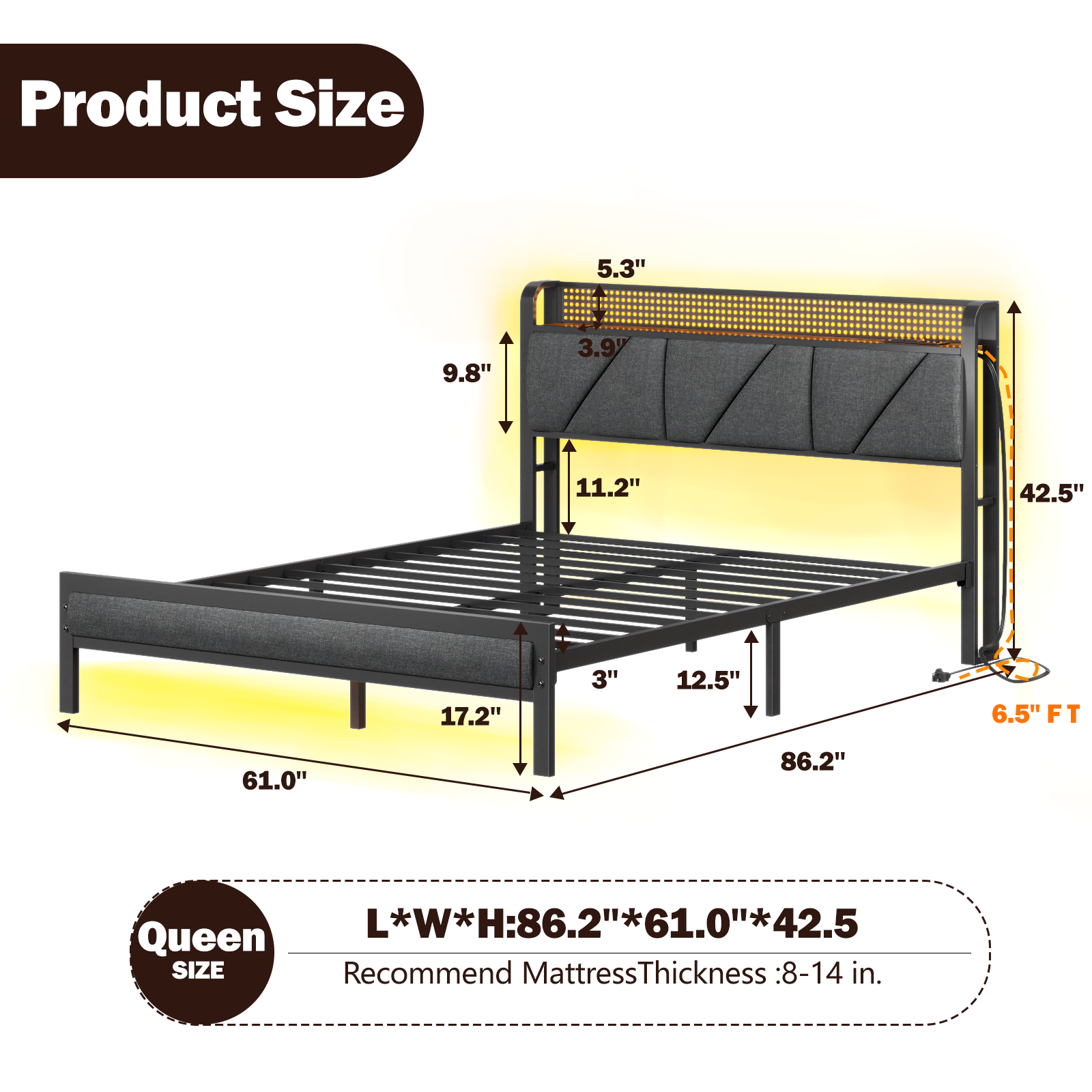 Furnulem Queen Size Bed Frame with Headboard and LED Lights, Upholstered Bedframe with Charging Station and USB Port  No Box Spring Needed