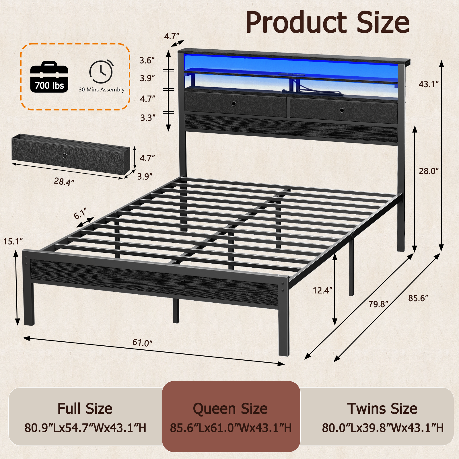 Furnulem Queen Bed Frame with Headboard  2 Fabric Drawers Bed Frame  Featuring LED Lights Built-in Charging Station  Storage  No Box Spring Needed