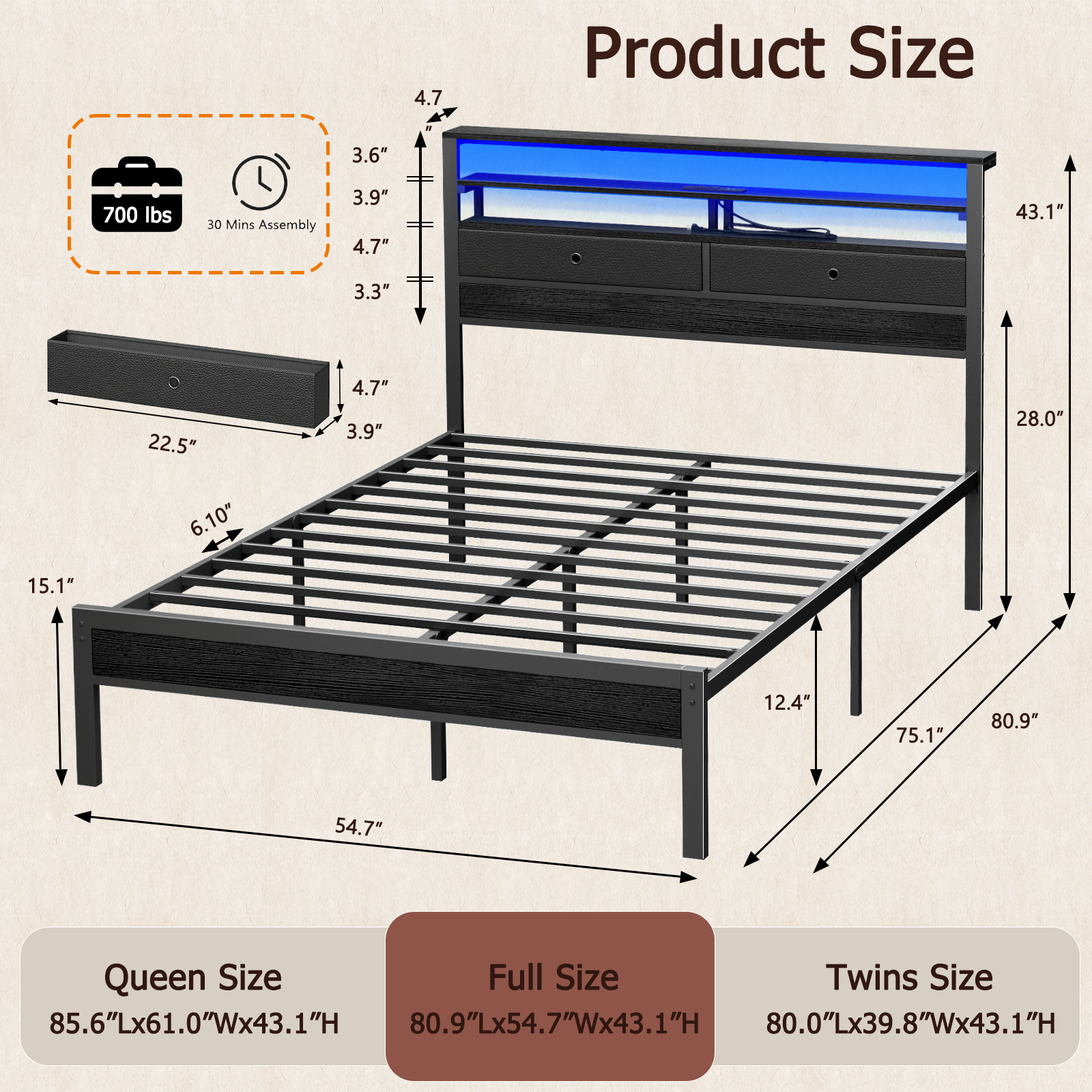 Furnulem Full Size Bed Frame with Headboard  2 Fabric Drawers  Bed Featuring LED Lights Built-in Charging Station  Storage Shelves No Box Spring Needed